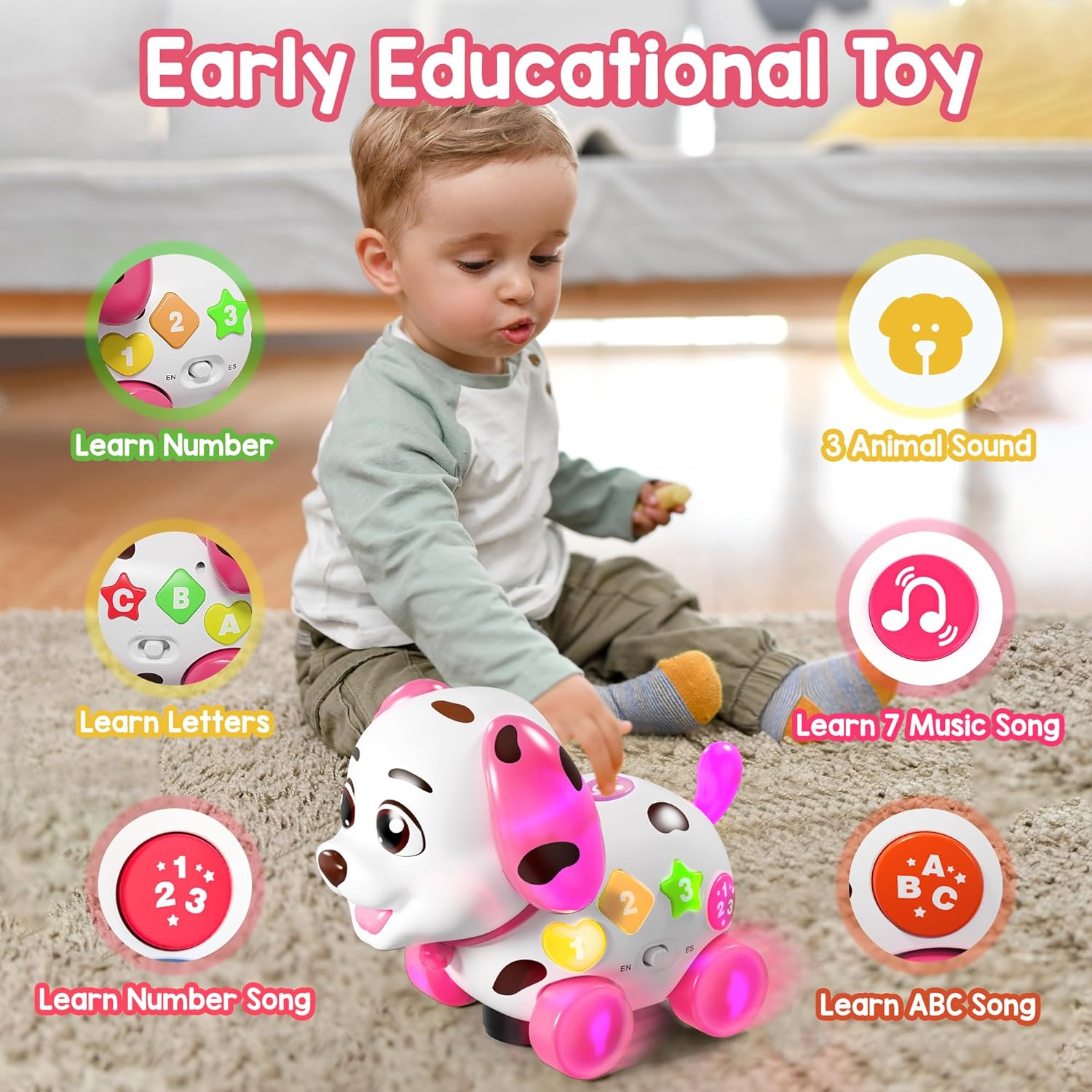 Musical Puppy Toys for 1 Year Old Girl Gifts, 1st Birthday Gril Gift, Bilingual Baby Toy 6-12-18 Months, Learning Toy for 1 Year Old Boy Present with Sound Light
