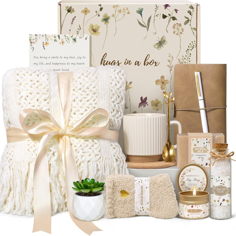 Birthday Gifts for Women, Get Well Soon Self Care Package Box, Sending Hug Baskets Thinking of You Inspirational Gift for New Mom Best Friend Birthday (Ivory)