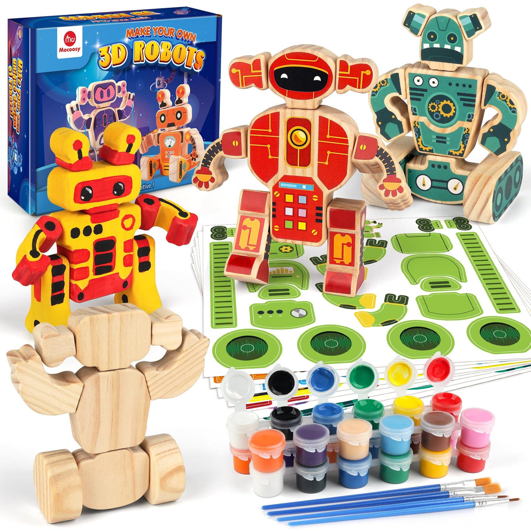Mocoosy Wooden Dinosaur Painting Art and Craft Kit for Kids 4-8, Build & Decorate Your Own Dinos with Paint & Stickers, Wood Dinosaur Builder Game Montessoi Educational Toy Gift Toddler Boys Girls 3-5