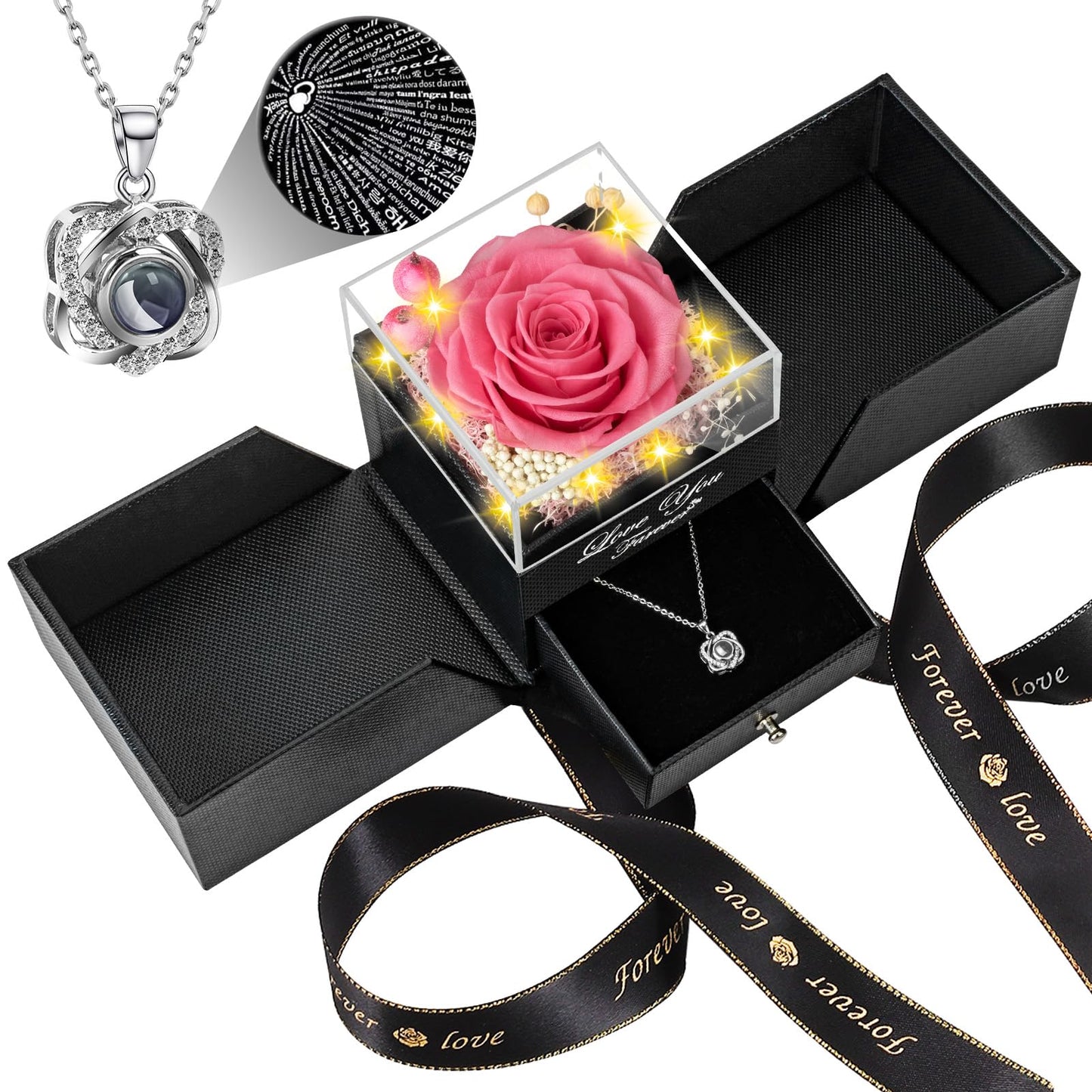 Preserved Red Real Rose with Heart I Love You Necklace -Eternal Flowers Rose Birthday Gifts for Women Her Mom Wife Girlfriend Grandma on Valentines Mothers Day Christmas Anniversary Romantic-Red