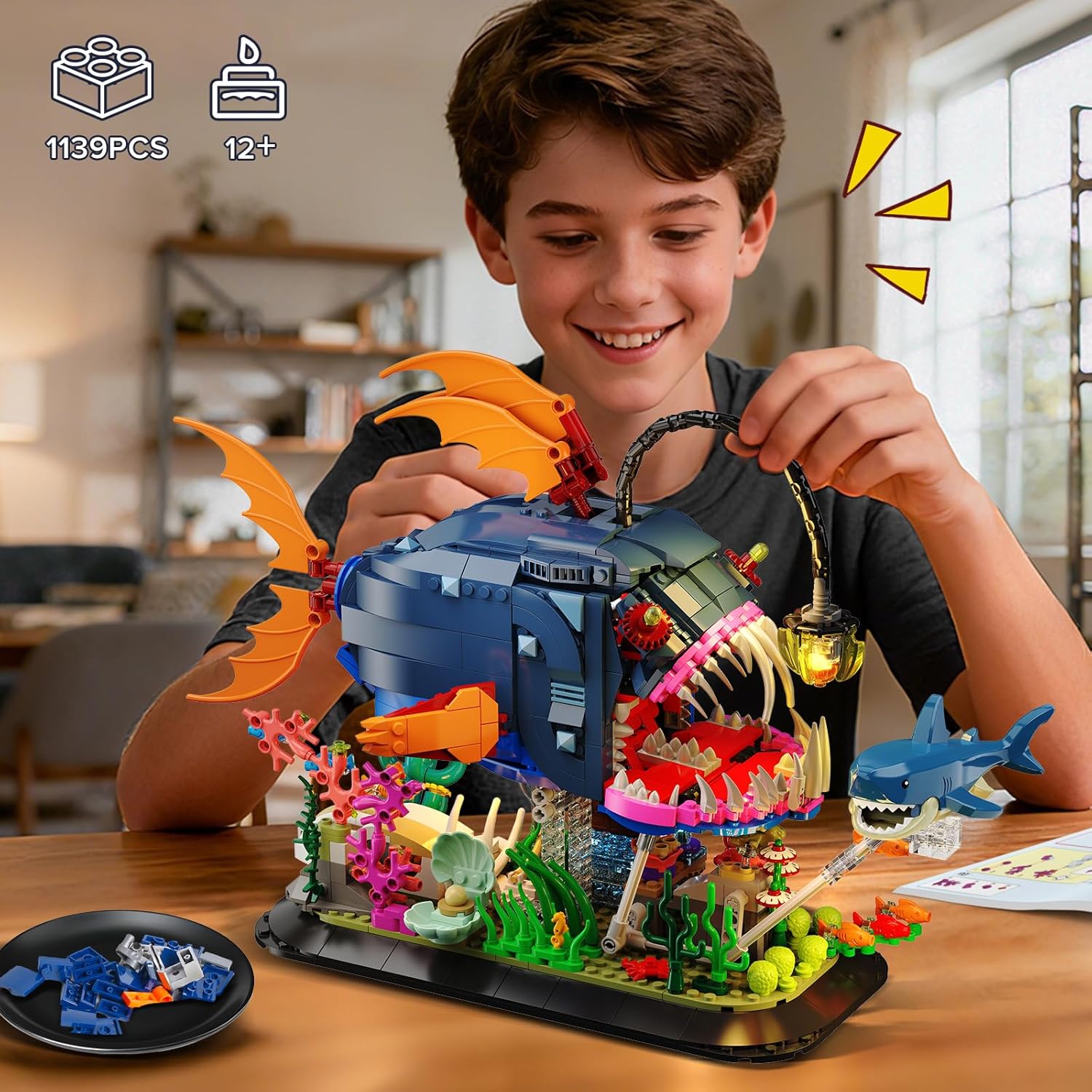 INSOON Mechanical Angler Fish Building Set with Lights, Movable Lantern Fish Building Blocks Toy with Shark Jellyfish, 1139 PCS Ocean Animal Building Kit, Home Decor Gift for Adults Teens Boys 12+