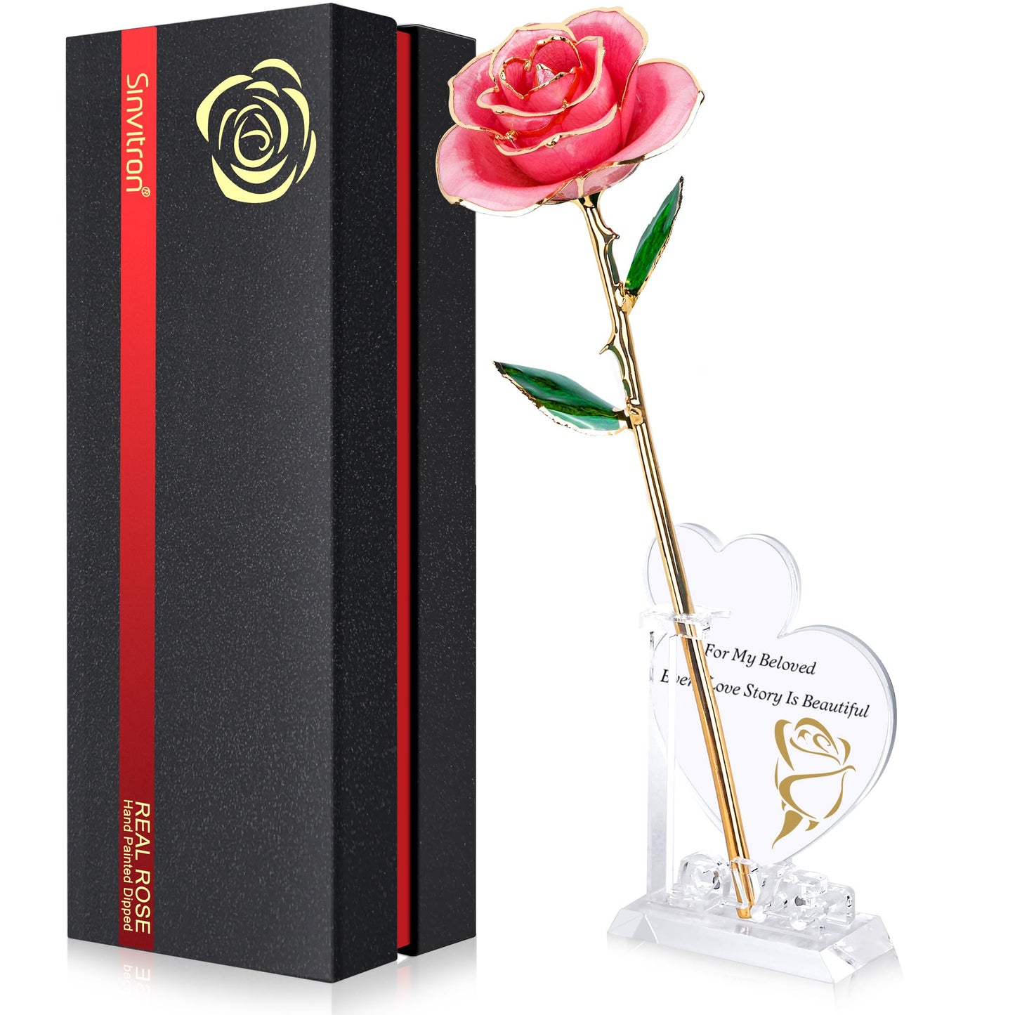 Sinvitron Gold Dipped Infinity Rose Forever Flower Decor, Resin Preserved Real Rose Birthday Gift for Women, Anniversary Present for Mom (Rose Red)
