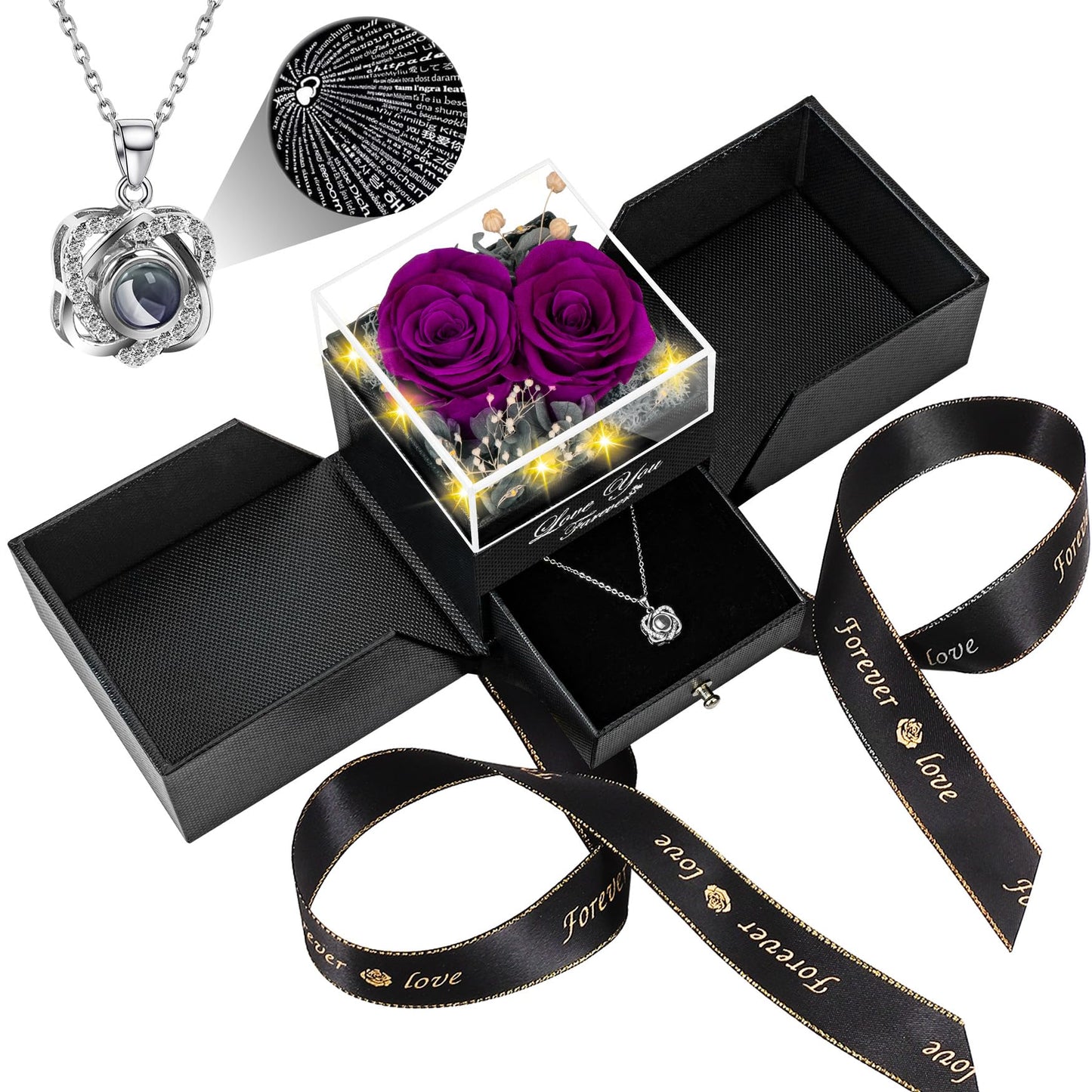 Preserved Red Real Rose with Heart I Love You Necklace -Eternal Flowers Rose Birthday Gifts for Women Her Mom Wife Girlfriend Grandma on Valentines Mothers Day Christmas Anniversary Romantic-Red