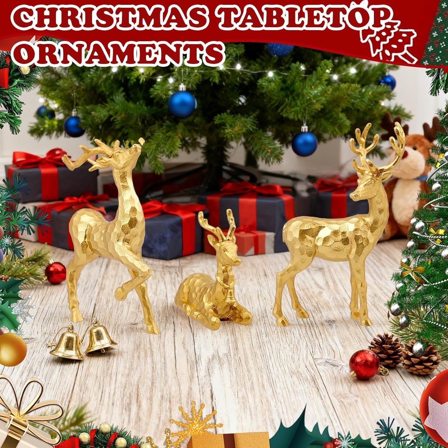 Exasinine 3 PCS Gold Reindeer Decor Christmas Figurines for Xmas Holiday Indoor Decorations Family Reindeer Christmas Decor for Centerpieces Ornaments Tabletop Mantle Decorations Home Office