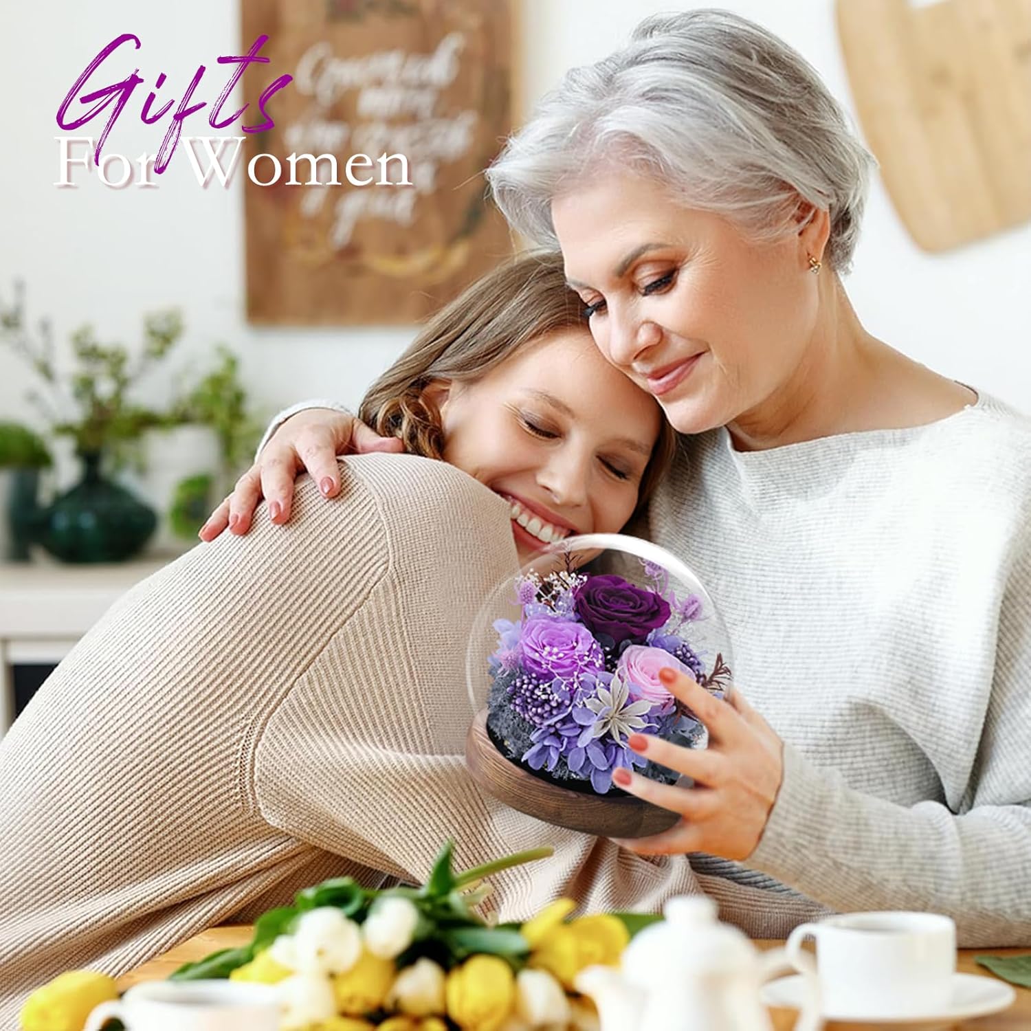 FIACO Gifts for Mom Women Birthday Preserved Flowers in Glass Dome Forever Fresh Flowers for Delivery Prime Long-Lasting Eternal Roses Gifts for Grandma Sister Daughter Wife Her Girlfriend Purple