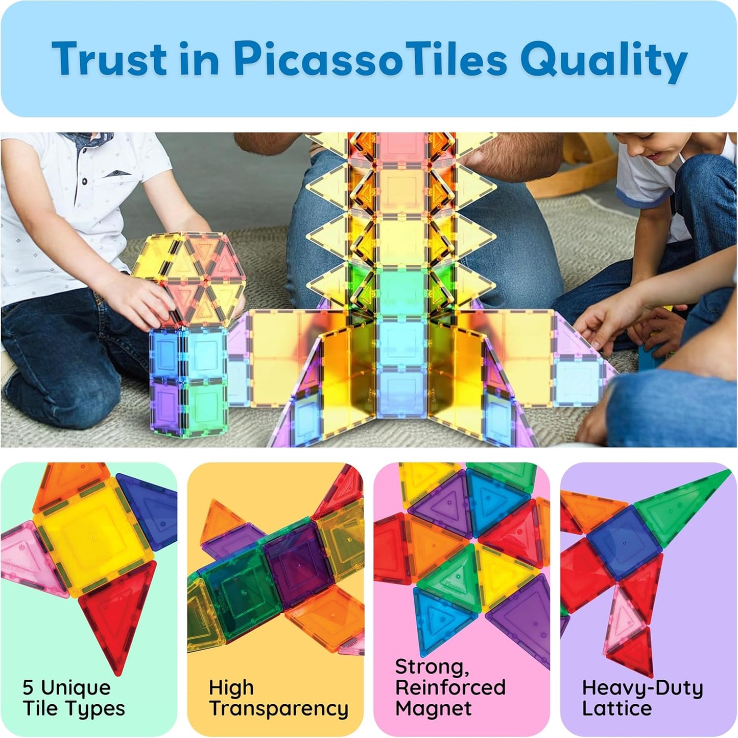 PicassoTiles 100 Piece Set 100pcs Magnet Building Tiles Clear Magnetic 3D Blocks Construction Playboards, Creativity Beyond Imagination, Inspirational, Recreational, Educational Conventional