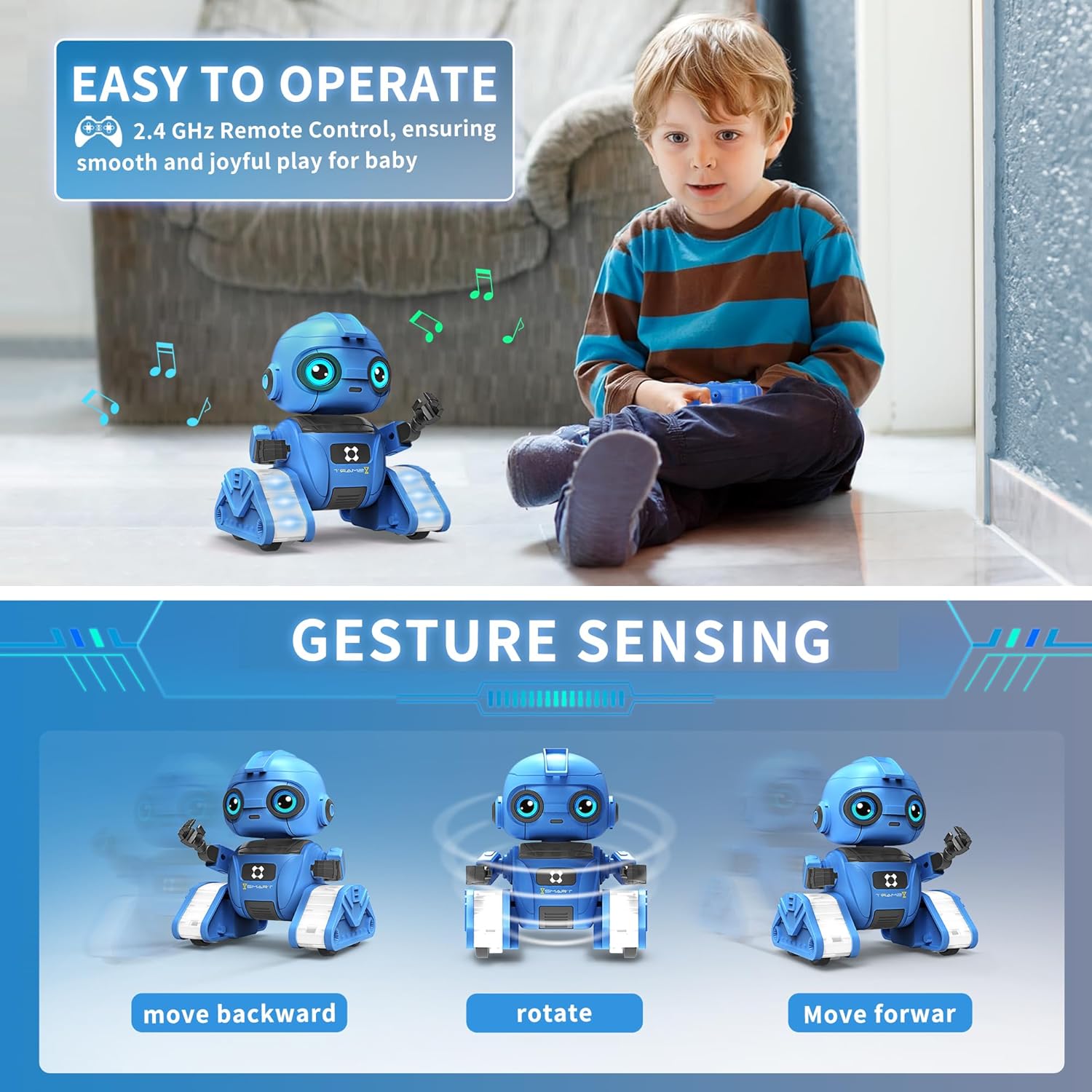 Robot Toys for Boys and Girls, Rechargeable Remote Control Robot with Auto-Demonstration, Light Projection, Dance Moves, Music, and Gesture Sensing –Toy Robot Gifts for 6+ Year Old Boys (Blue)