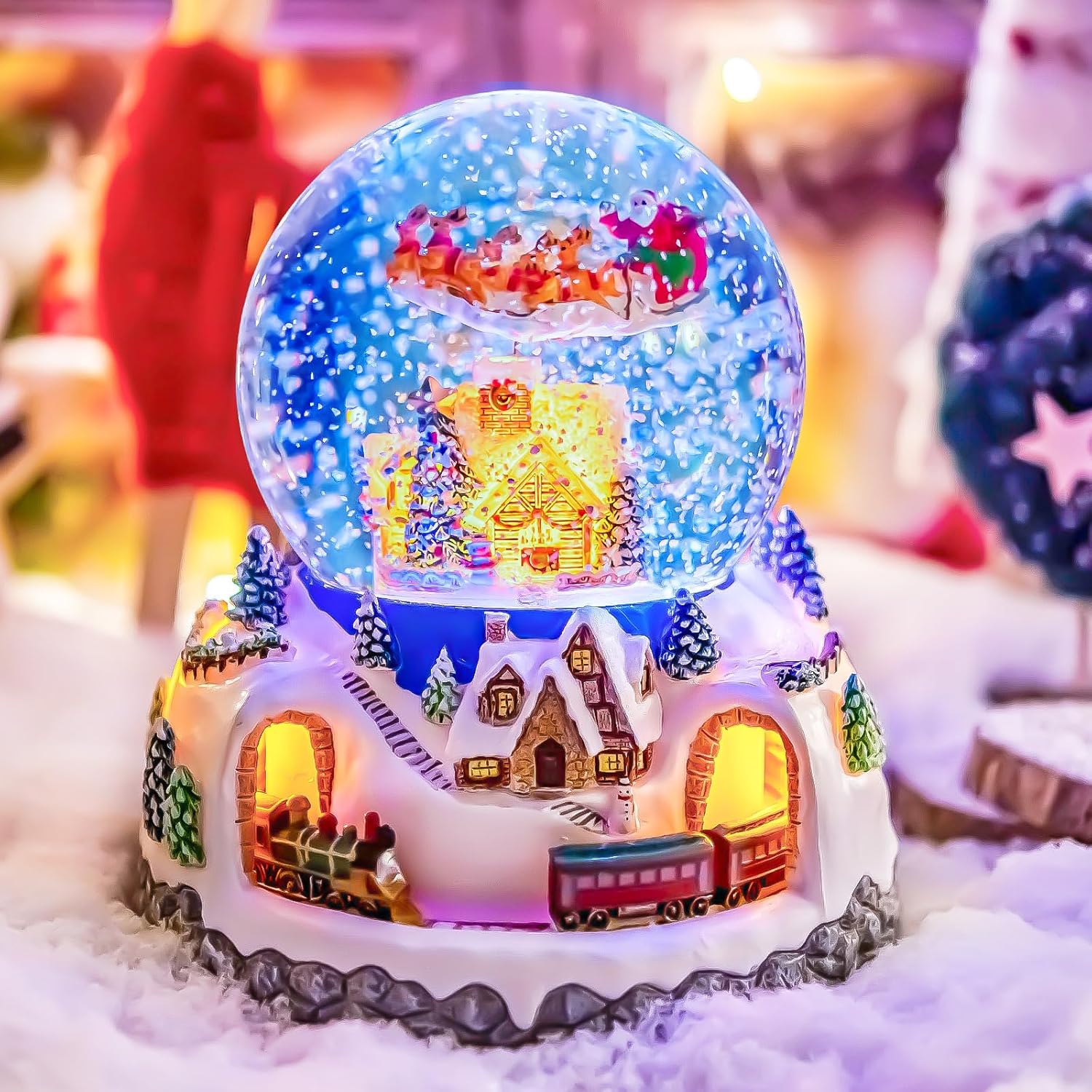 Papá Noel giratorio musical volando sobre la aldea, nevada automática, tren, globo de nieve de Navidad, caja de música para mujeres, esposa, mamá, novia, hija, regalo de Navidad, reproduce 48 villancicos clásicos de Navidad