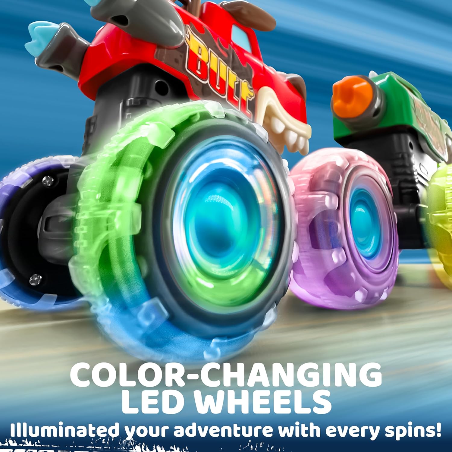 JOYIN 3 Pack Monster Truck Toy - Motion Activated Light Up Cars for Toddlers - Monster Glow Rover LED Wheels - Baby Boy Toys - Press and Go Dinosaur Trucks for Kids Valentines Day Boy Birthday Gifts