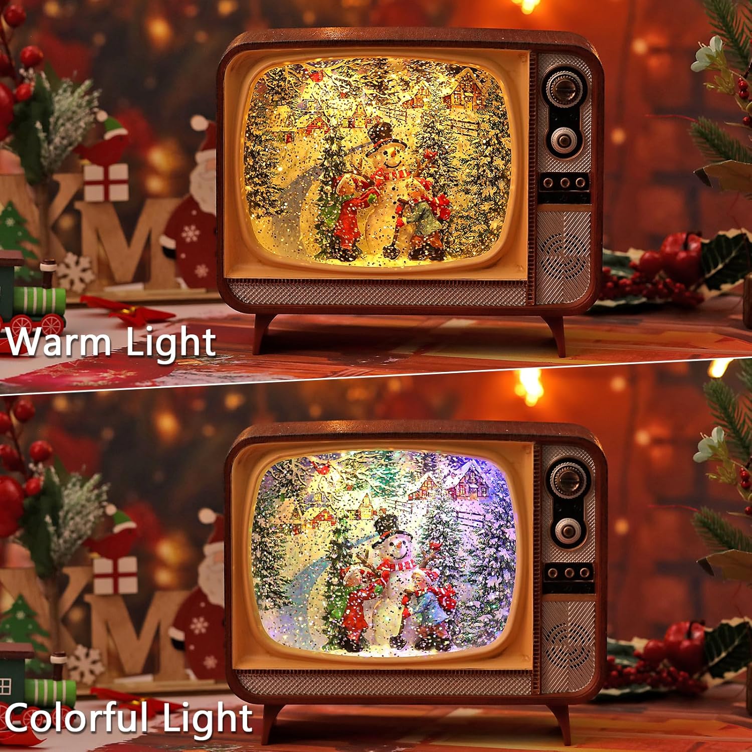 Christmas Snow Globe, TV Snowman Scene Snow Globe,Volume/Light Mode/Playing Controllable Glittering Lantern with Timer, Snow Globe Lantern USB or Battery Powered for Christmas Decoration