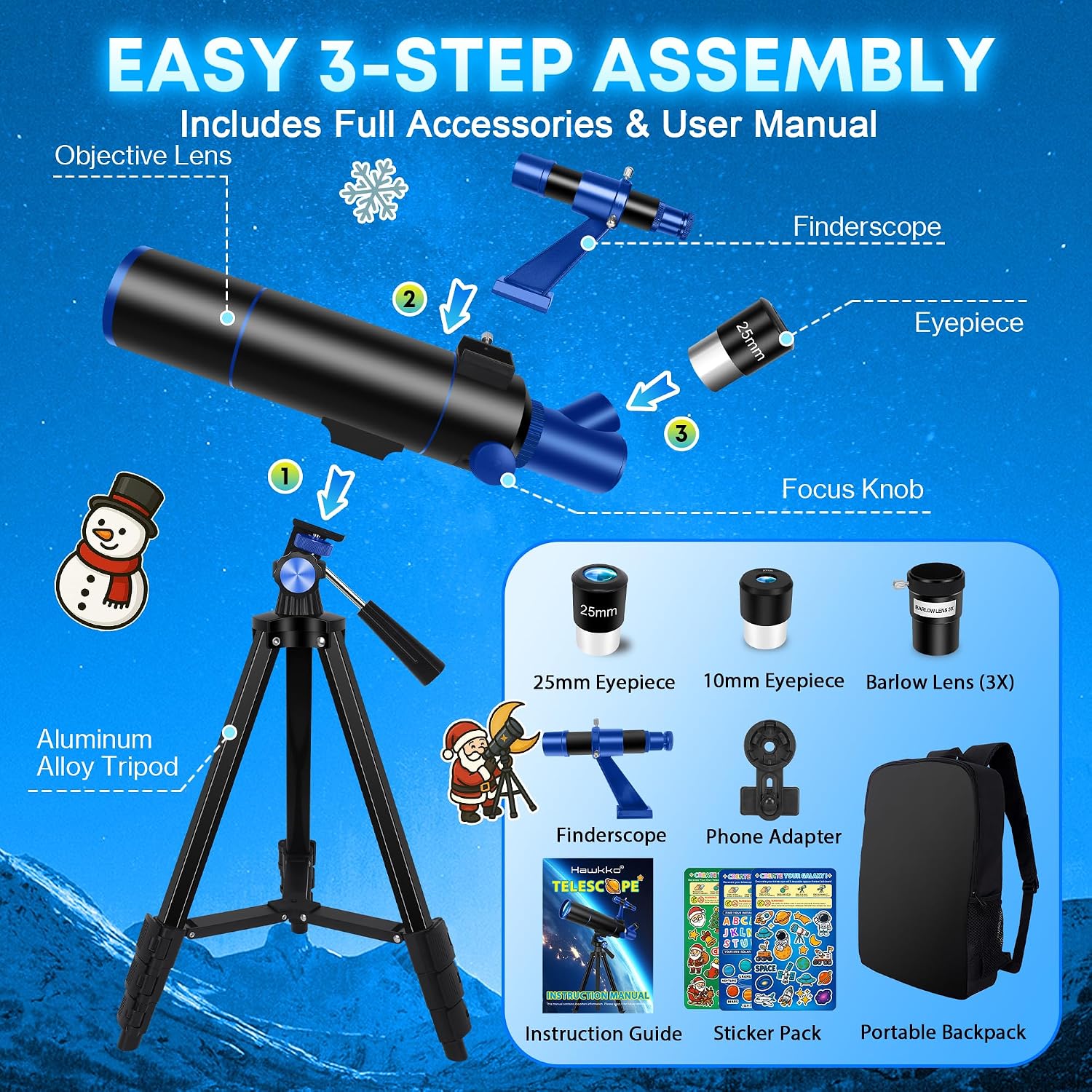 Hawkko Telescope for Adults & Kids Beginners, 80mm Aperture 500mm Telescopes for Adults Astronomy, (20X-150X) Portable Refractor Telescope Kit with Decorate Stickers, Backpack, Phone Adapter-BlackBlue