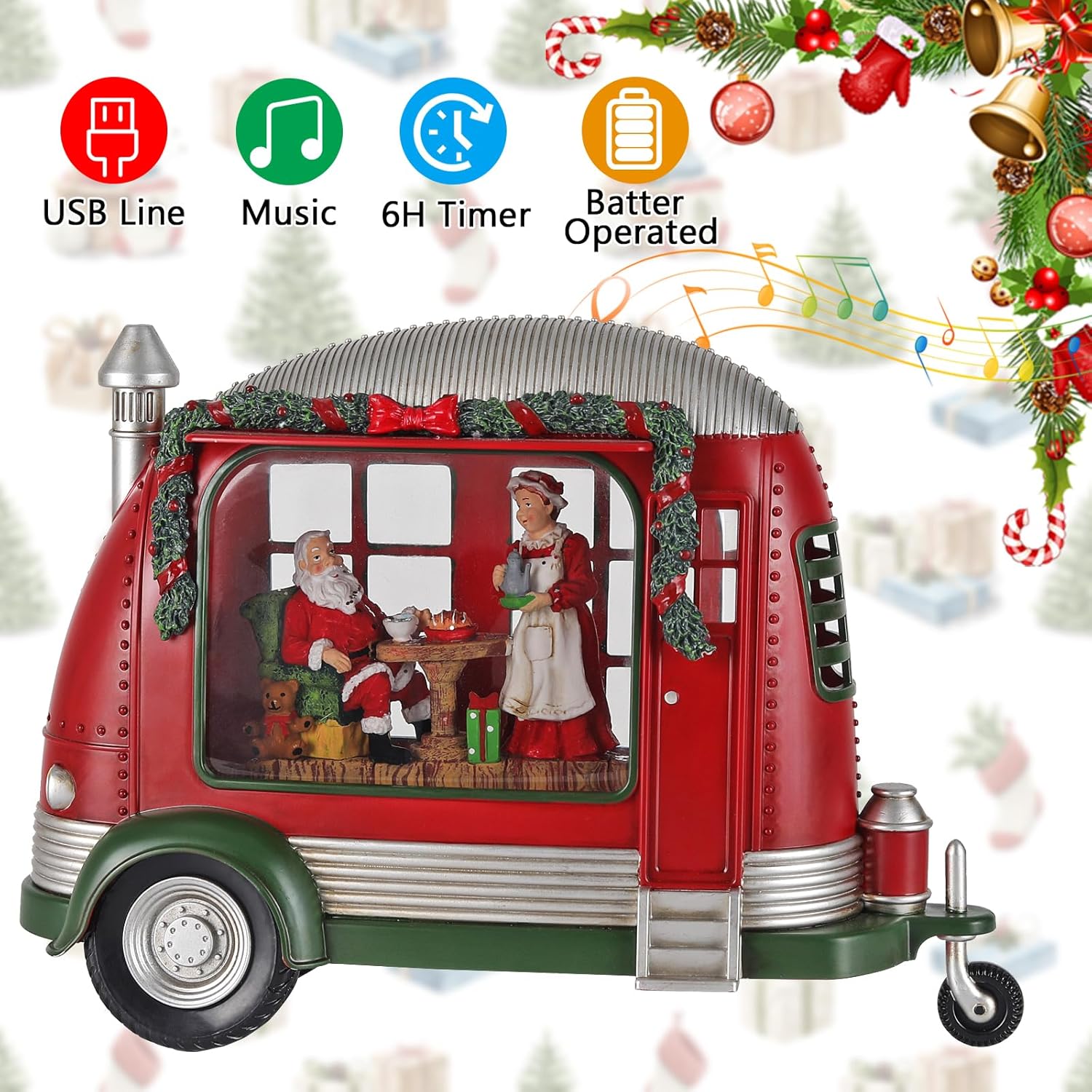 Christmas Snow Globe, RV Santa Claus Couples Scene Snow Globe, Glittering Lantern with Timer, Snow Globe Lantern USB or Battery Powered for Desktop Ornament, Christmas Decoration