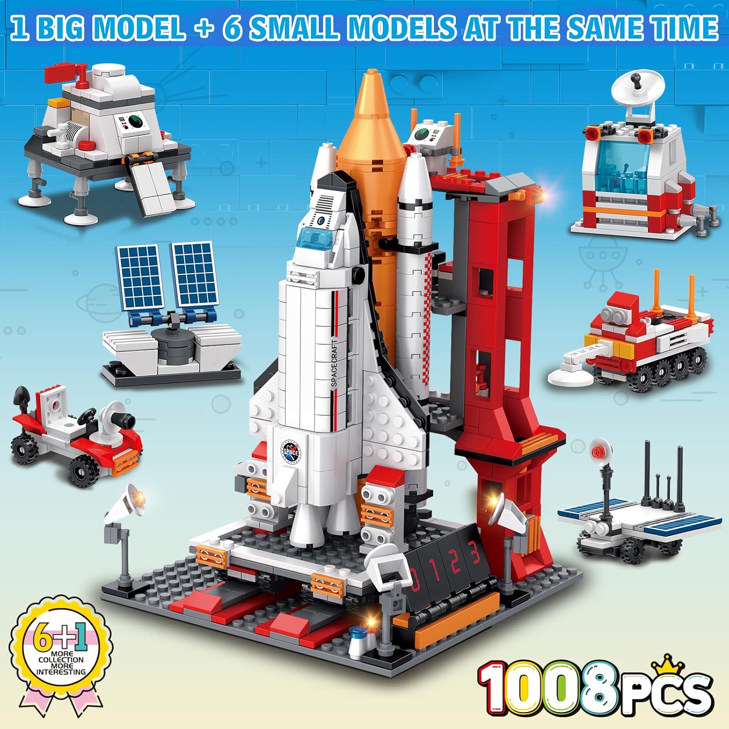 Sitodier Space Exploration Shuttle Toys for 8-12 and 8-14 Years Boys Kids, 1008pcs 7 Models Aerospace Building Set with Heavy Transport Rocket and Launcher, Educational Construction Toy