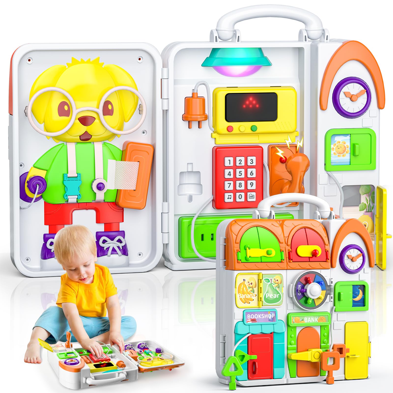 Toddler Toys for 1-2 Year Old Boy, Musical Montessori Busy Board, Early Educational Toy for Toddlers 1-3, Motor Skills Developmental Toy for 12-18 Month Age, Birthday Gift for 1+ Year Old Boy Girl
