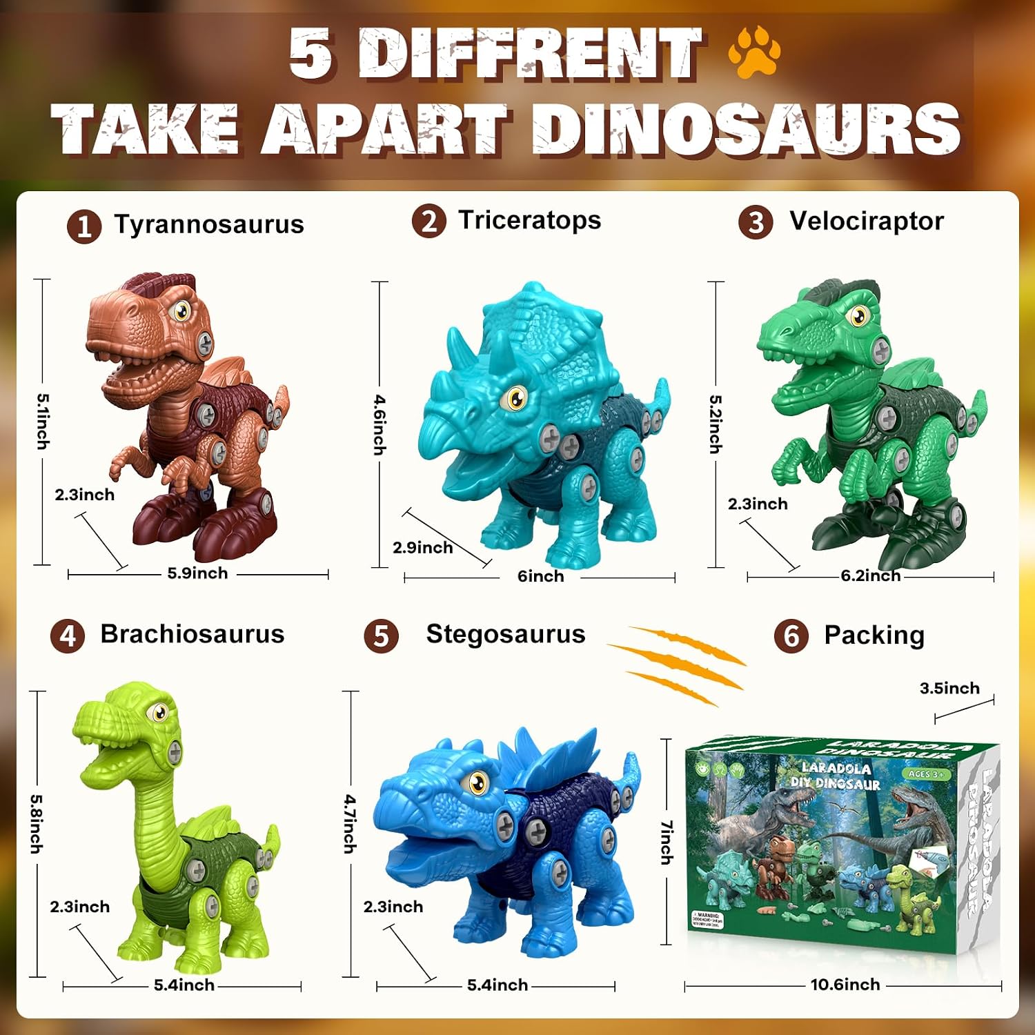 Laradola Assemble Dinosaur Toys for Kids: 5 Pack Dinosaur Construction Building Set with Electric Toy Drill & Wheels - STEM Educational Hands-On Play Birthday Gift for Boys Girls Ages 3-5 5-7