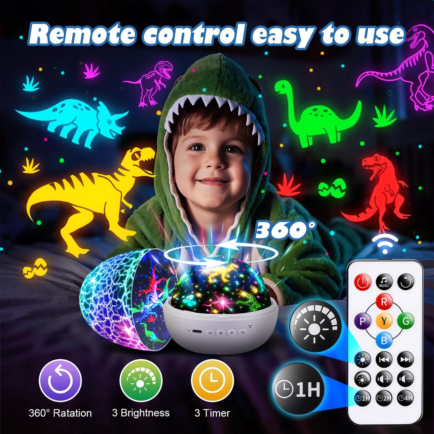 PIKOY Dinosaur Toys for Kids 3-5 Easter Gifts for Kids Toys Night Light Projector Dinosaur Eggs Easter Eggs | 15 Sounds & 3D Films | 31Colors & Remote Control | Boy Toys, Boys Room Decor