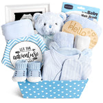 iAOVUEBY Baby Boy Gifts, Baby Shower Gifts - Newborn Bear Toys Rattle Blanket Infant Shoes Onesie Wooden Keepsake Babies Registry Gift Essentials Basket, Unique New Baby Gift Set for Boys 0+ Months