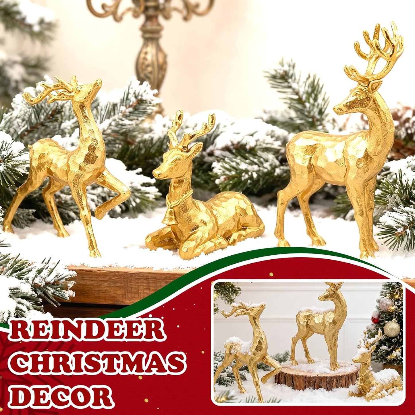 Exasinine 3 PCS Gold Reindeer Decor Christmas Figurines for Xmas Holiday Indoor Decorations Family Reindeer Christmas Decor for Centerpieces Ornaments Tabletop Mantle Decorations Home Office