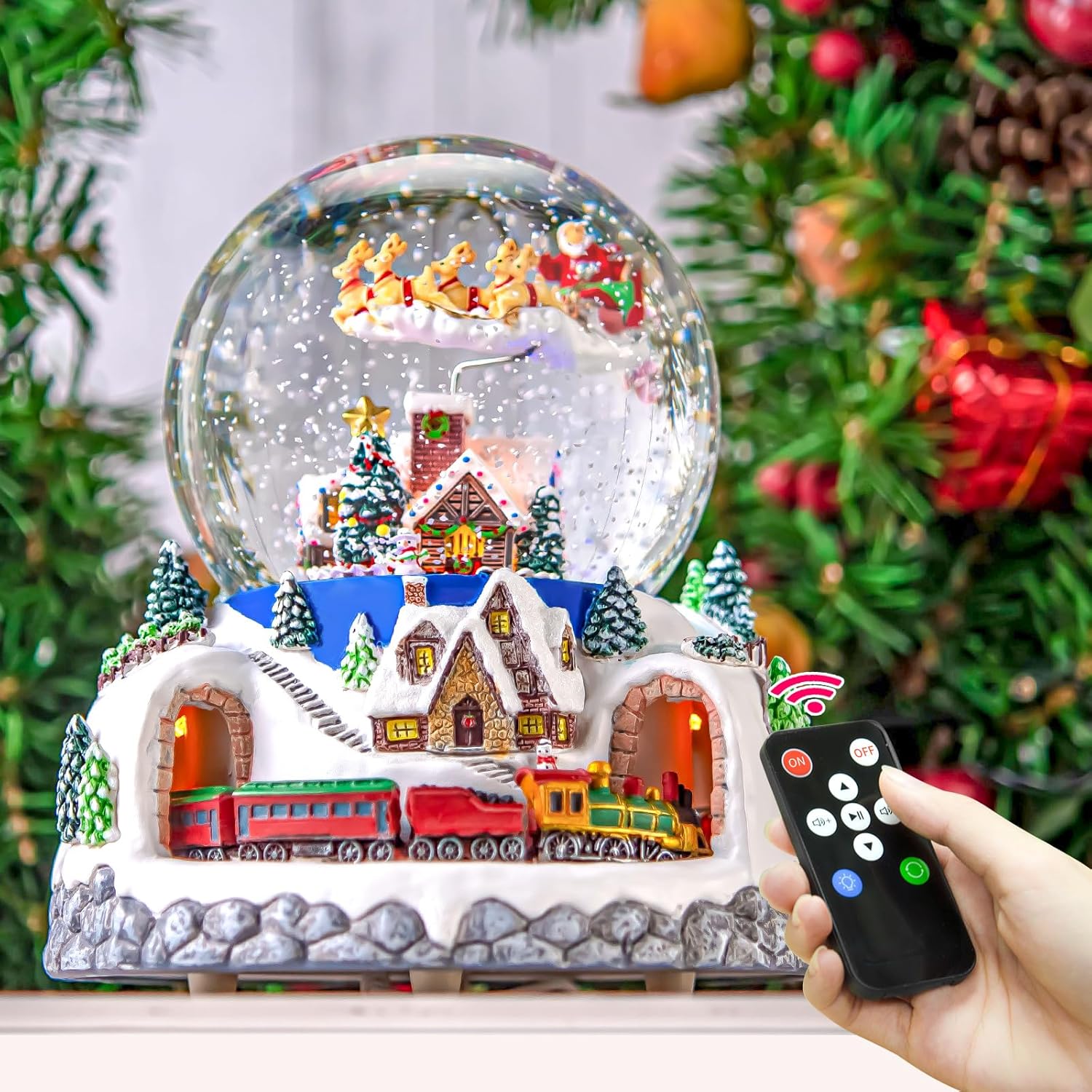 Papá Noel giratorio musical volando sobre la aldea, nevada automática, tren, globo de nieve de Navidad, caja de música para mujeres, esposa, mamá, novia, hija, regalo de Navidad, reproduce 48 villancicos clásicos de Navidad