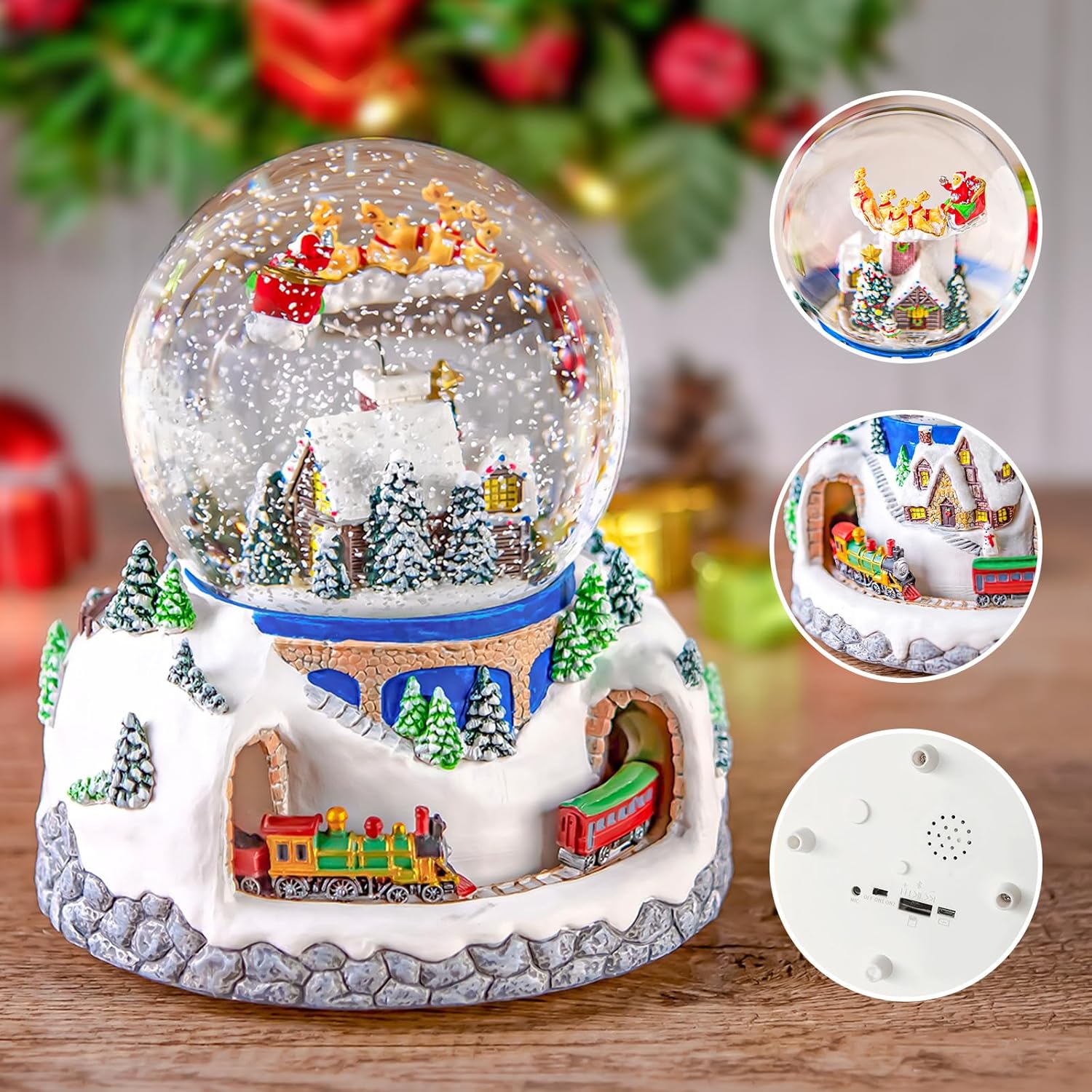 Papá Noel giratorio musical volando sobre la aldea, nevada automática, tren, globo de nieve de Navidad, caja de música para mujeres, esposa, mamá, novia, hija, regalo de Navidad, reproduce 48 villancicos clásicos de Navidad