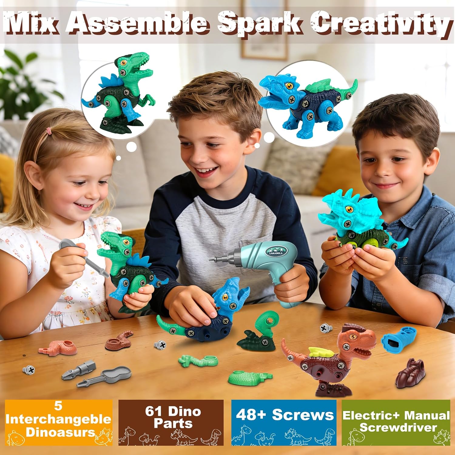 Laradola Assemble Dinosaur Toys for Kids: 5 Pack Dinosaur Construction Building Set with Electric Toy Drill & Wheels - STEM Educational Hands-On Play Birthday Gift for Boys Girls Ages 3-5 5-7