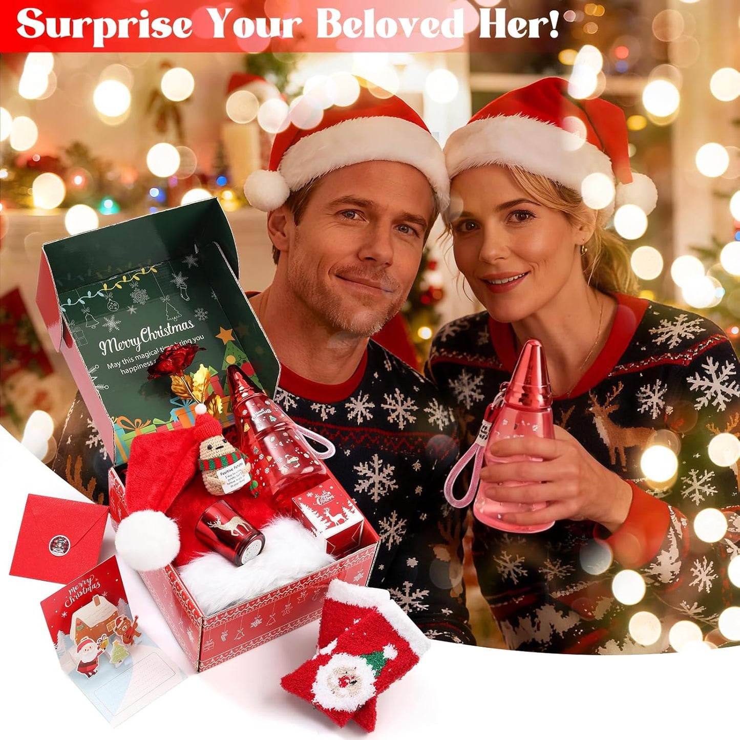 Christmas Gift baskets for Women, Christmas Gift Sets for Mom, Her, Wife, Girlfriend, Care Package for Women, Birthday Unique Gifts, Holiday Gifts Basket with Canvas Tote Bag Sock Tumbler Flower