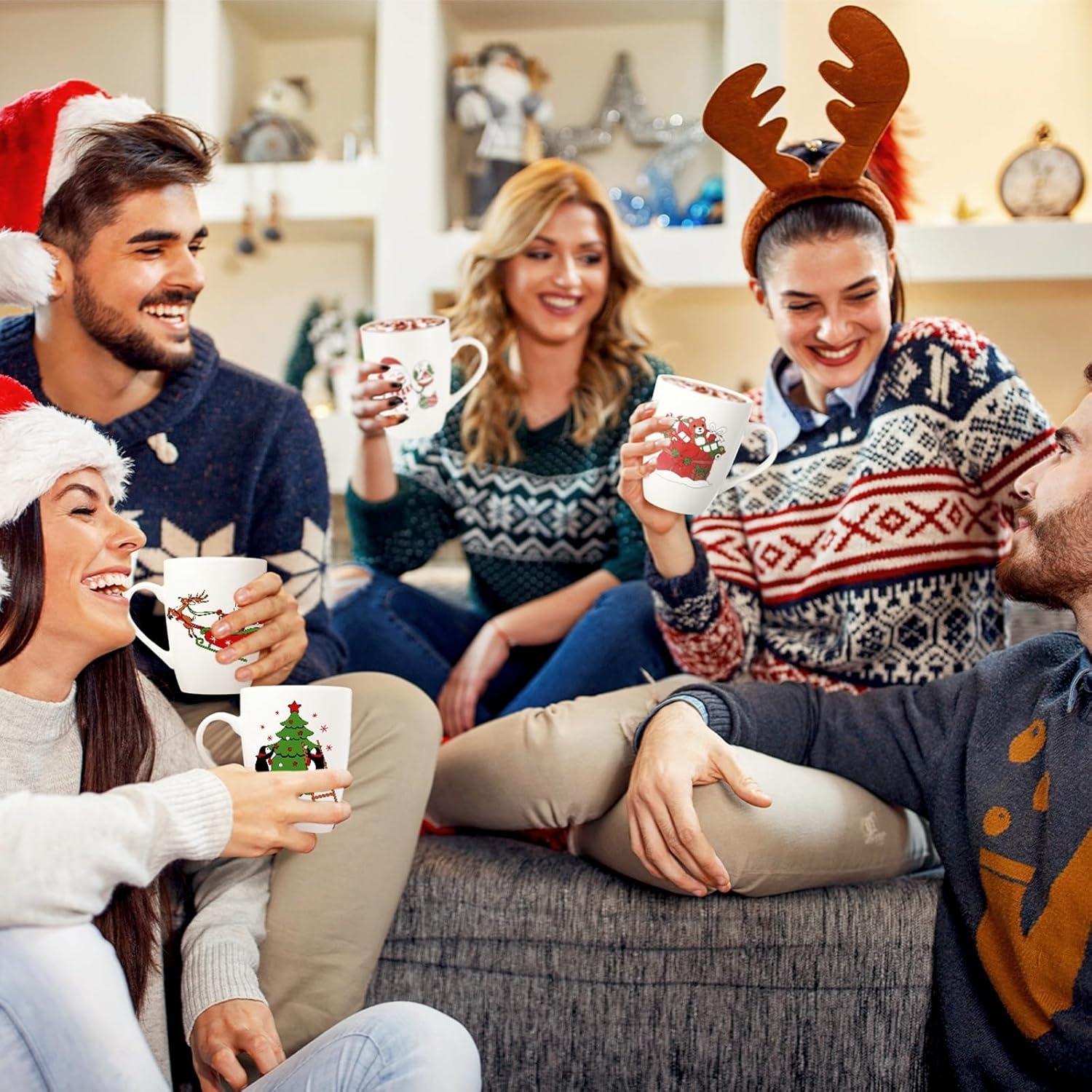 Shellwei 6 Pack Christmas Coffee Mugs 11 oz Holiday Ceramic Mugs Set Xmas Tea Cups with Handles Bulk Reusable Ceramic Coffee Cups for Women Men Teachers Appreciation Christmas Gifts(Funny)