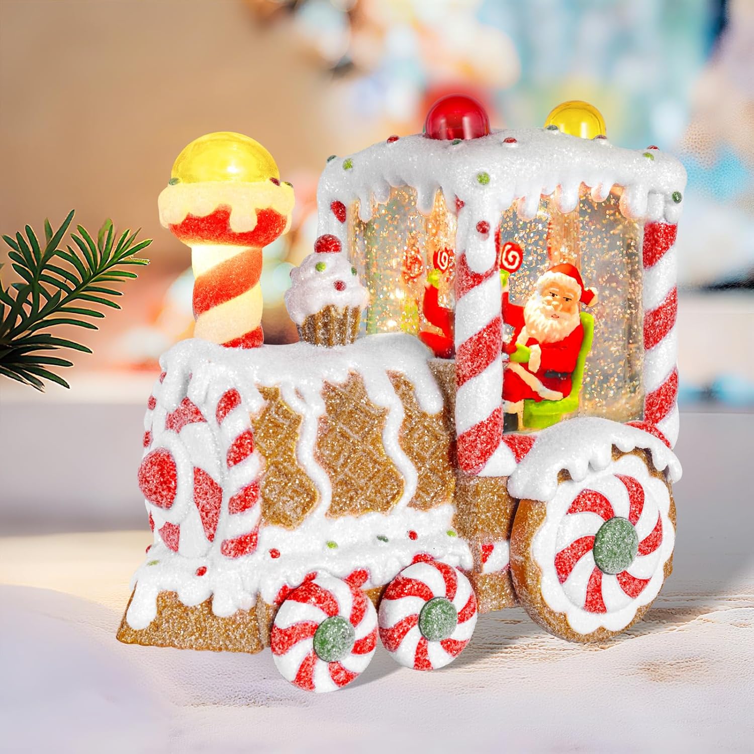 Christmas Snow Globes Dessert Train Water Glittering Lantern with 6H Timer Function Santa Snow Globe Christmas 3 AA Battery Operated for Xmas Festival Decorations Gifts (Dessert Train)