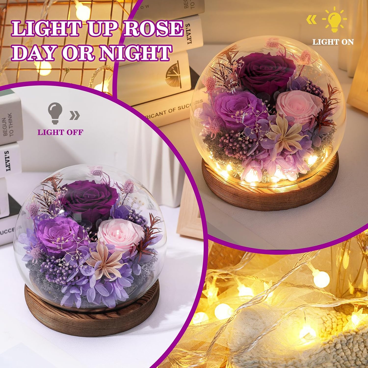 FIACO Gifts for Mom Women Birthday Preserved Flowers in Glass Dome Forever Fresh Flowers for Delivery Prime Long-Lasting Eternal Roses Gifts for Grandma Sister Daughter Wife Her Girlfriend Purple