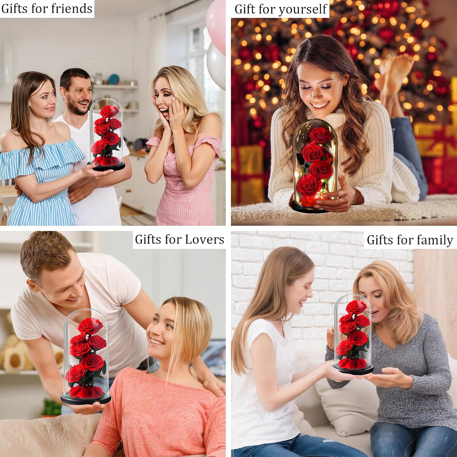 Flowers for Delivery - Forever Flowers Rose in Glass Dome with LED Lights, Large Size Preserved Roses Gifts for Women, Mom, Wife, Friend -Birthday, Anniversary, Valentine's Day Gift (Red Rose)