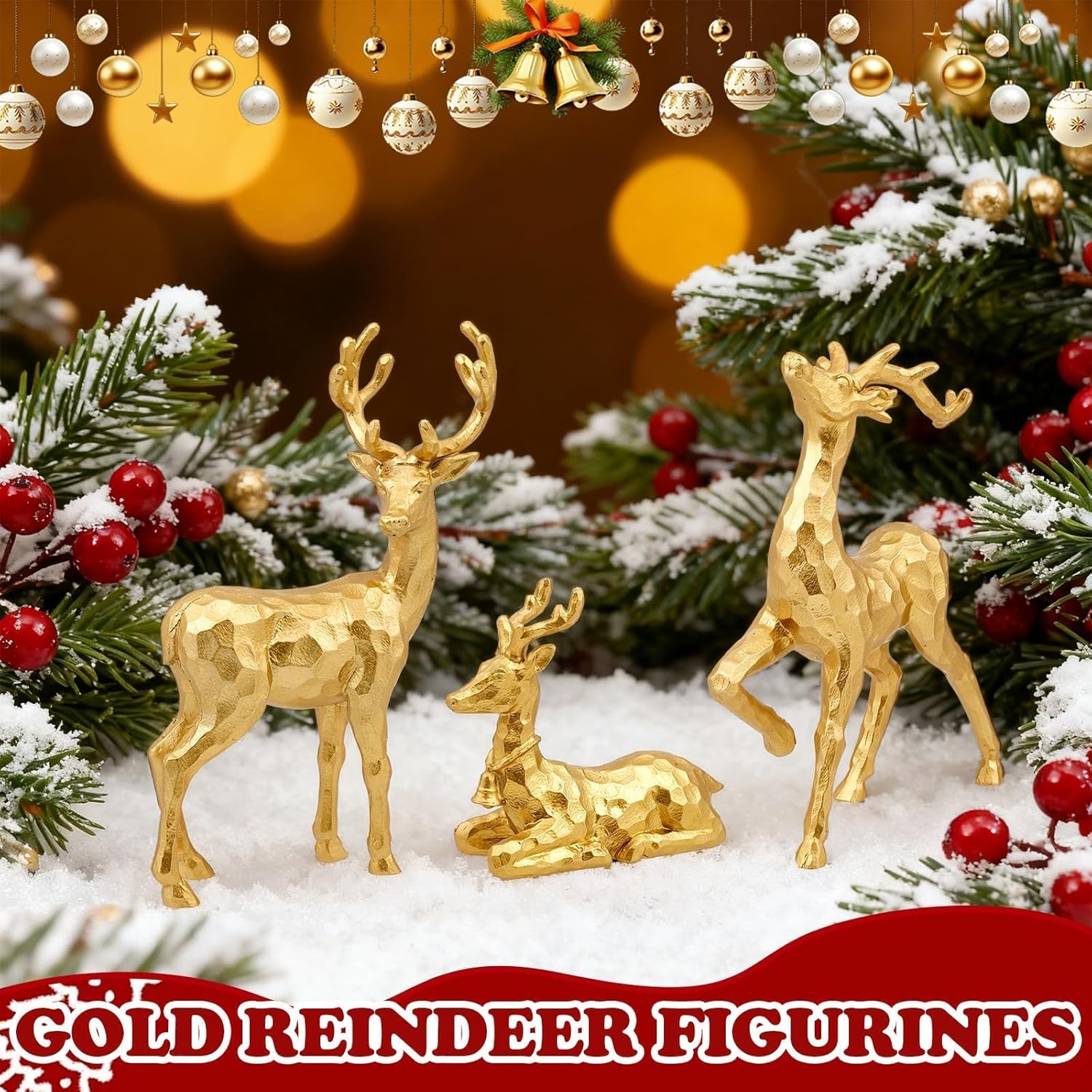 Exasinine 3 PCS Gold Reindeer Decor Christmas Figurines for Xmas Holiday Indoor Decorations Family Reindeer Christmas Decor for Centerpieces Ornaments Tabletop Mantle Decorations Home Office