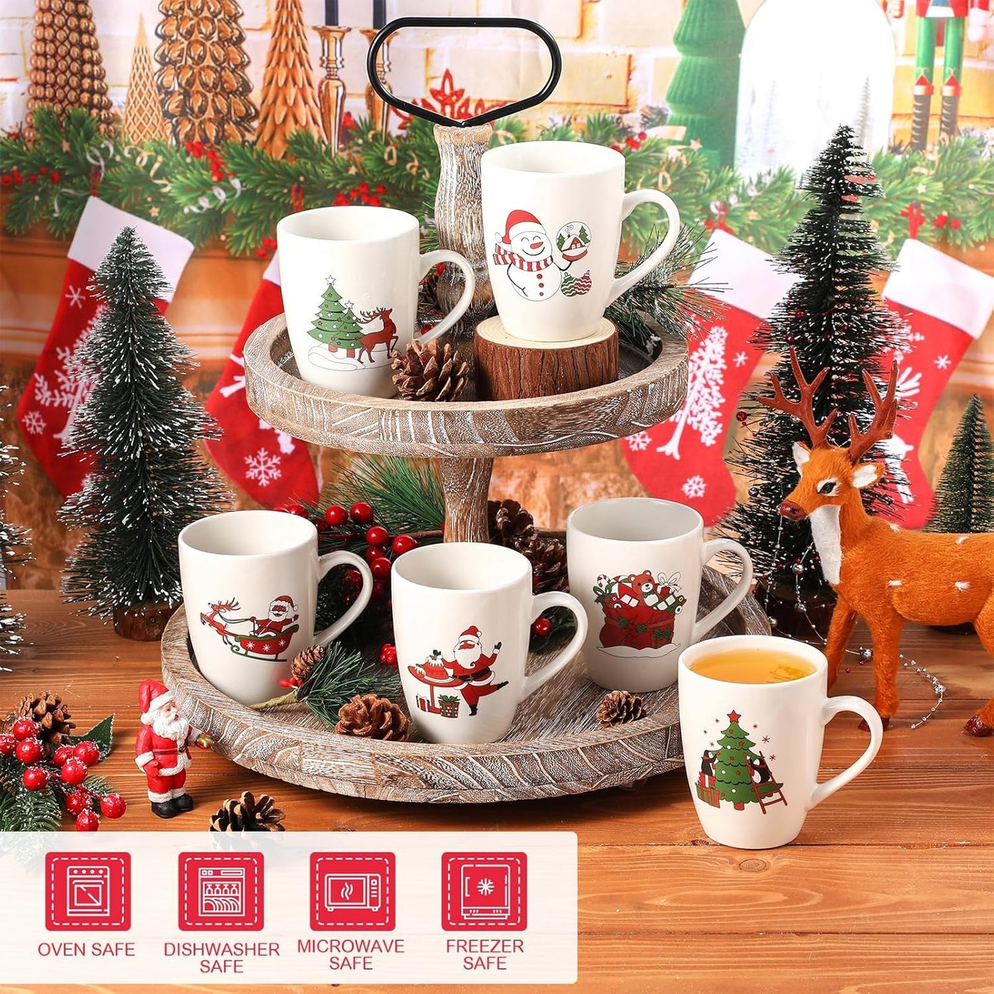 Shellwei 6 Pack Christmas Coffee Mugs 11 oz Holiday Ceramic Mugs Set Xmas Tea Cups with Handles Bulk Reusable Ceramic Coffee Cups for Women Men Teachers Appreciation Christmas Gifts(Funny)