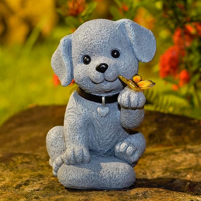 Solar Dog Statue with Butterfly