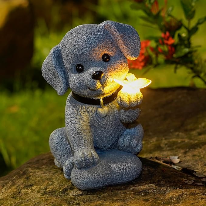 Solar Dog Statue with Butterfly