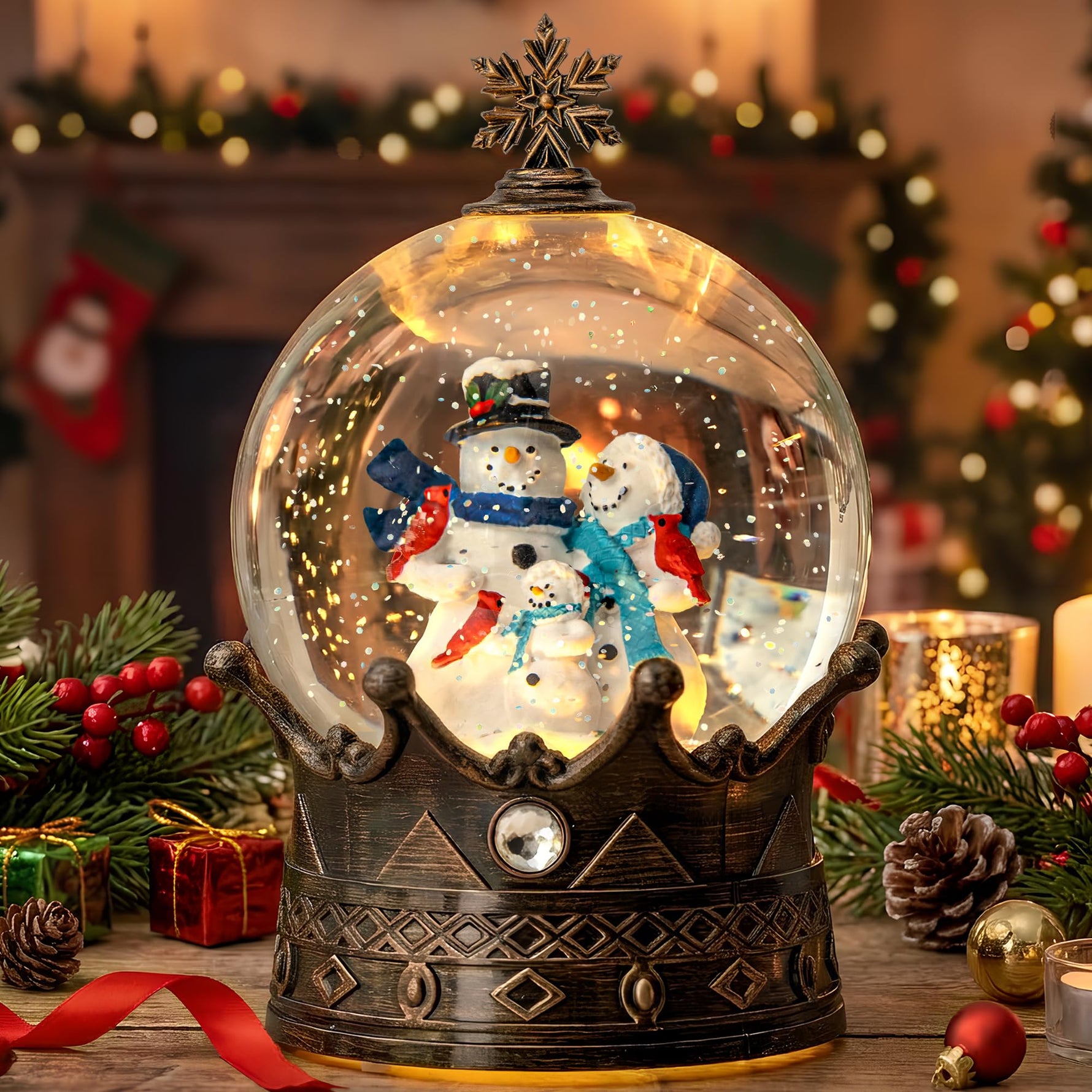 Christmas Snow Water Lantern Glittering Snowman and Pup in Red Truck with Christmas Tree, USB Lined/Battery Operated Lighted Spinning Lantern for Christmas Festival Decoration Gifts