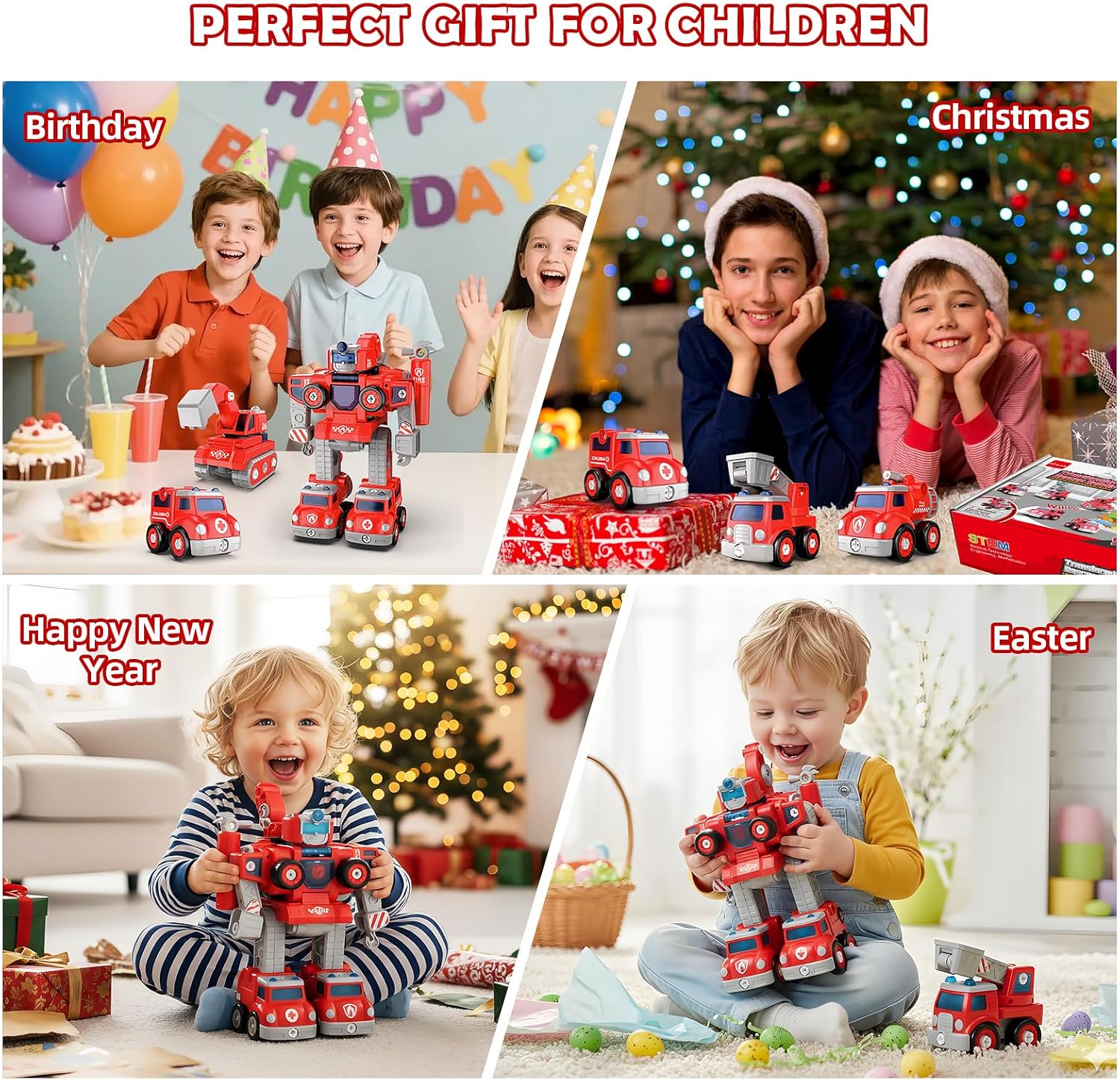 Baobrava 3 4 5 6 Year Old Boy Birthday Gift, 5-in-1 Take Apart Fire Truck Toys, Transformers Robot Toys for Boys 3-8, STEM Montessori Drill Screw Set, Creative Educational Construction Gifts