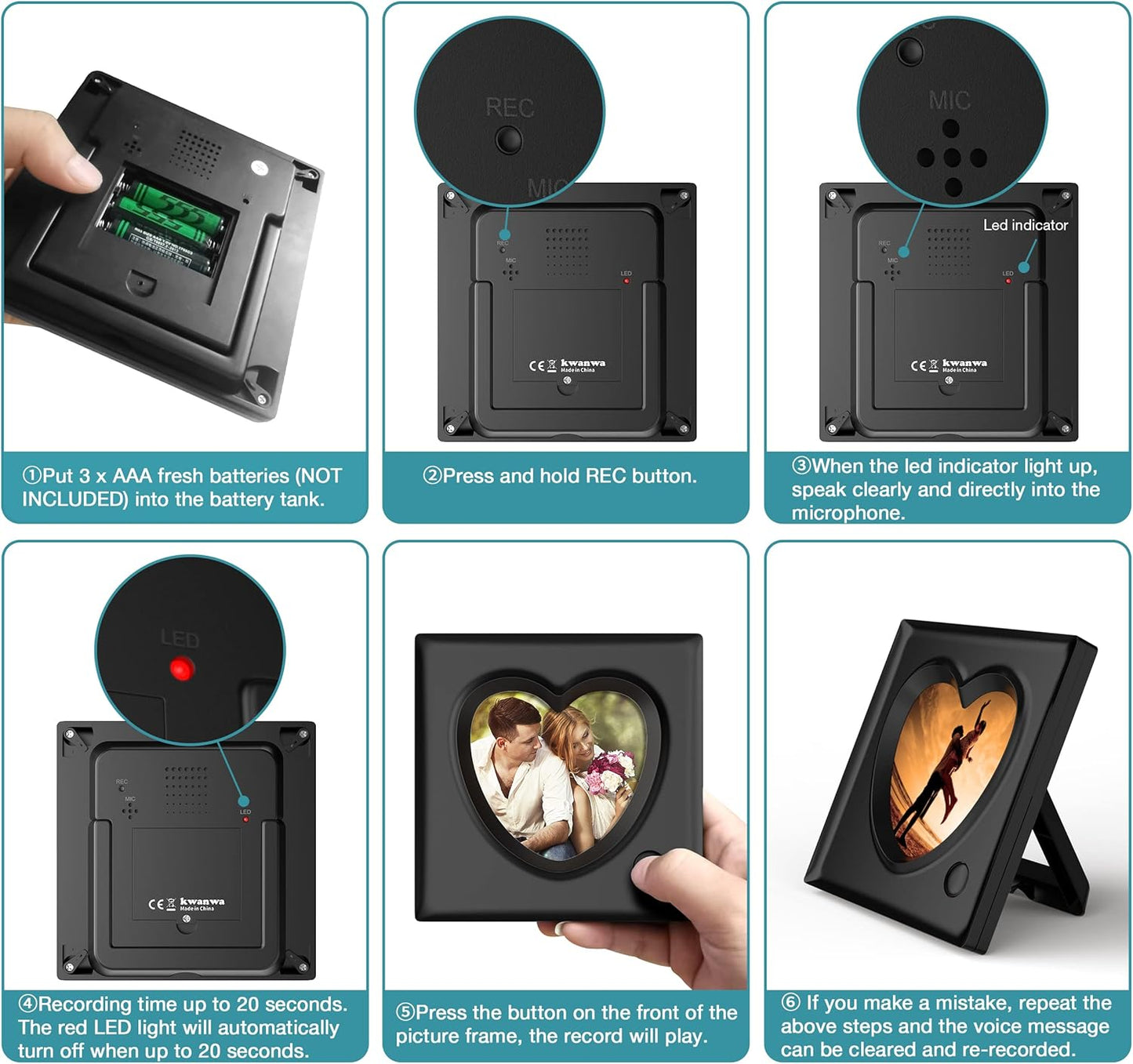 KWANWA Picture Frame Personalized Voice 20S Recordable, 3.9x3.9 Love Heart Shape Gifts for Graduation, Christmas, Birthday, Wedding, Photo Frame for Tabletop Desk Bookshelf Office Home