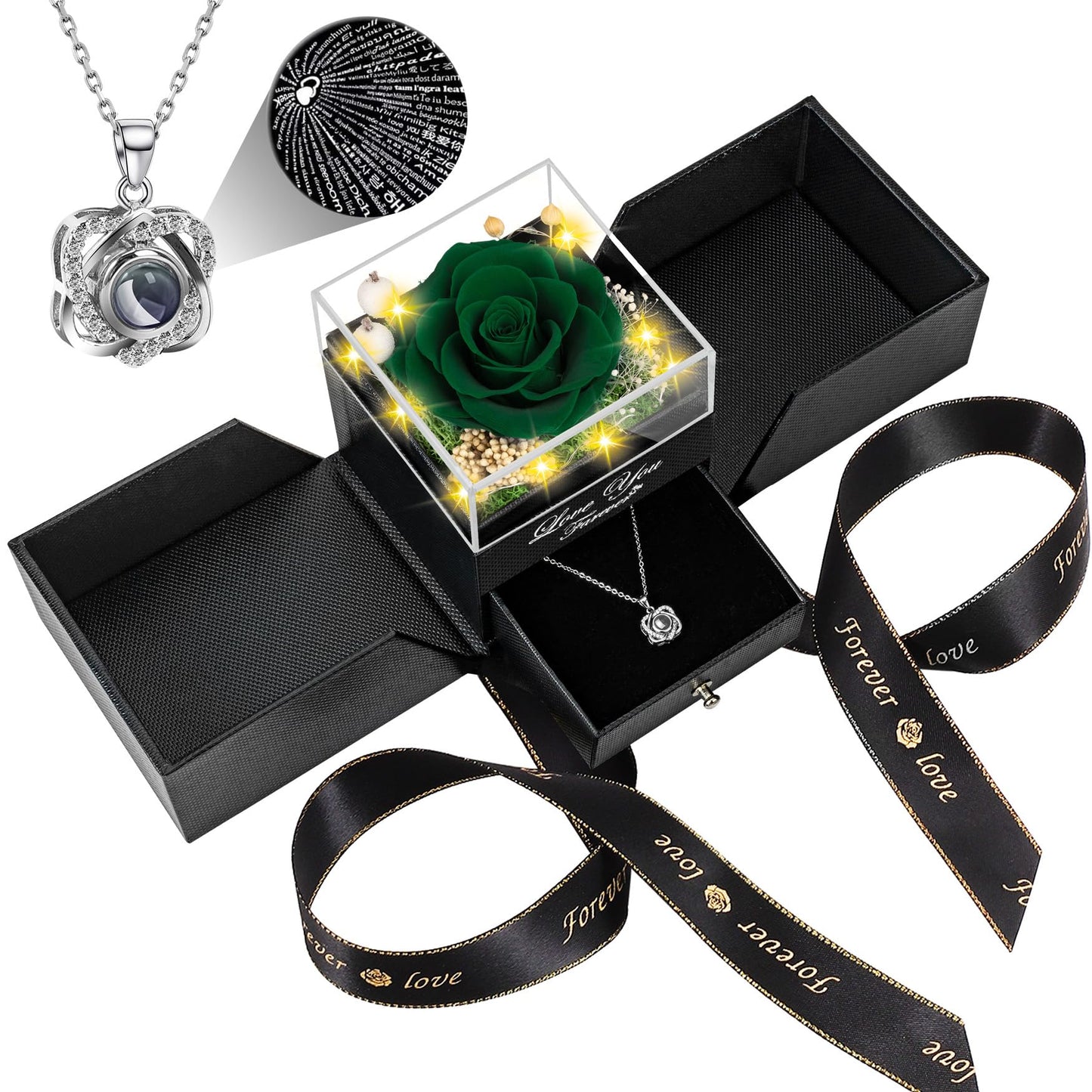 Preserved Red Real Rose with Heart I Love You Necklace -Eternal Flowers Rose Birthday Gifts for Women Her Mom Wife Girlfriend Grandma on Valentines Mothers Day Christmas Anniversary Romantic-Red