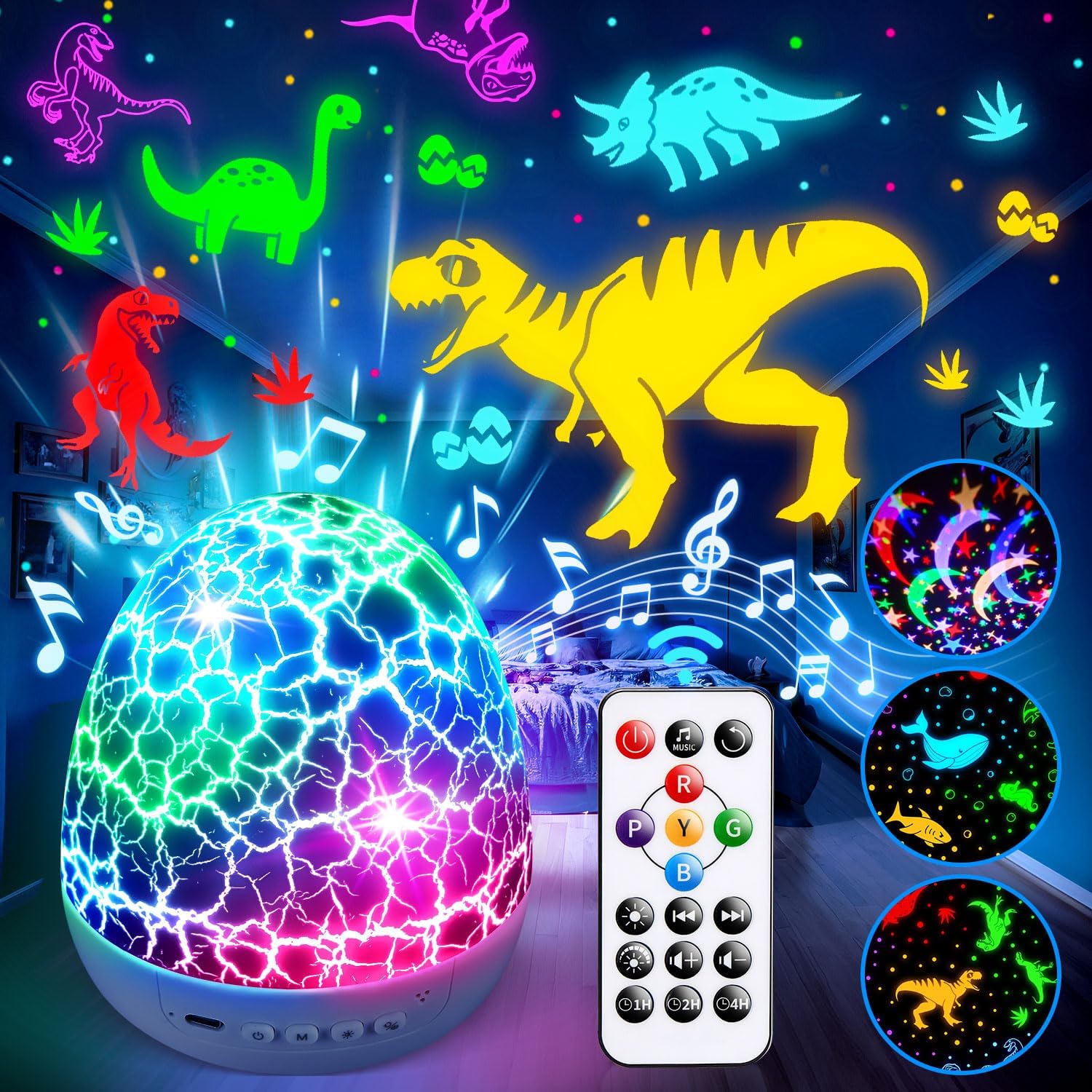 PIKOY Dinosaur Toys for Kids 3-5 Easter Gifts for Kids Toys Night Light Projector Dinosaur Eggs Easter Eggs | 15 Sounds & 3D Films | 31Colors & Remote Control | Boy Toys, Boys Room Decor
