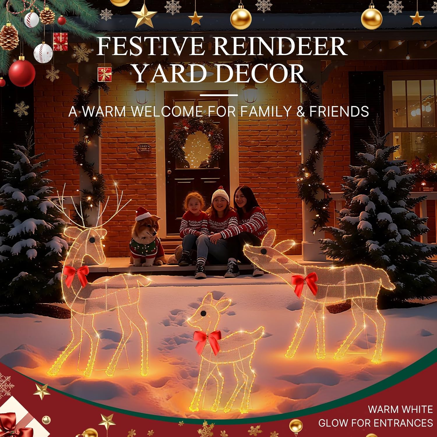 [Decoraciones navideñas de renos de 3 piezas para exteriores] Familia de ciervos iluminados en 2D con 260 luces LED. Decoración duradera para patio, césped, jardín, color blanco