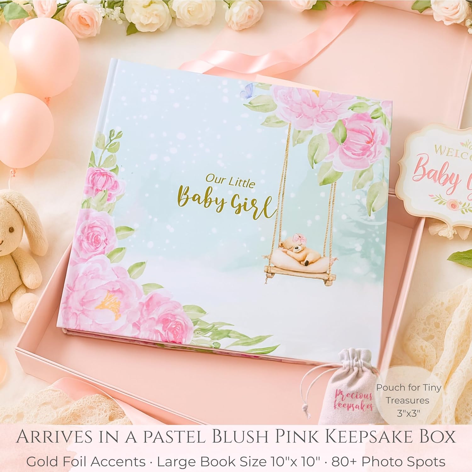 Luxury Baby Girl Memory Book Set – Keepsake Journal & Milestone Album from Pregnancy to Age 5 with Premium Gift Box, Storage Pouch & Keepsake Envelope – Baby Shower & Newborn Gift