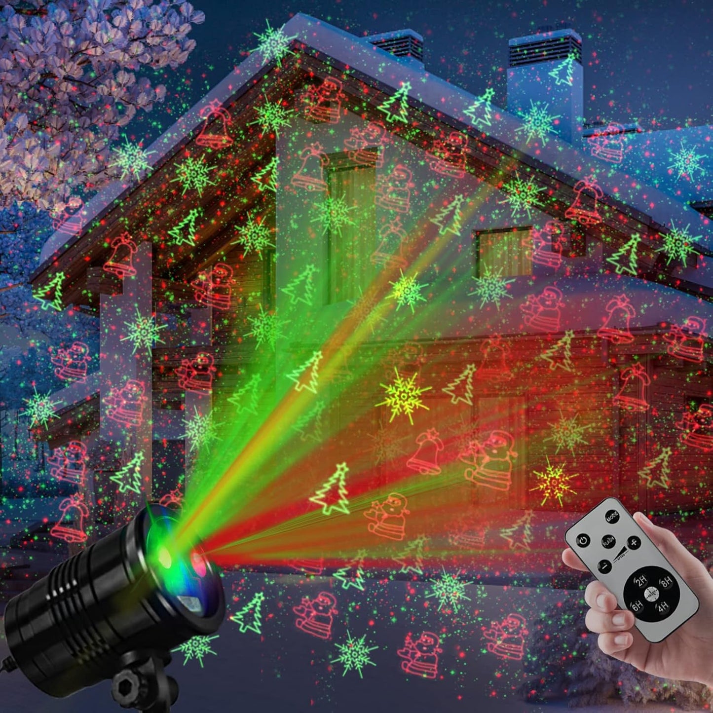 Luces láser de Navidad rojo y verde con control remoto inalámbrico para decoración de exteriores, proyector de luz impermeable, espectáculo de luz estelar led para decoración de Navidad, casa, patio, jardín, pared interior