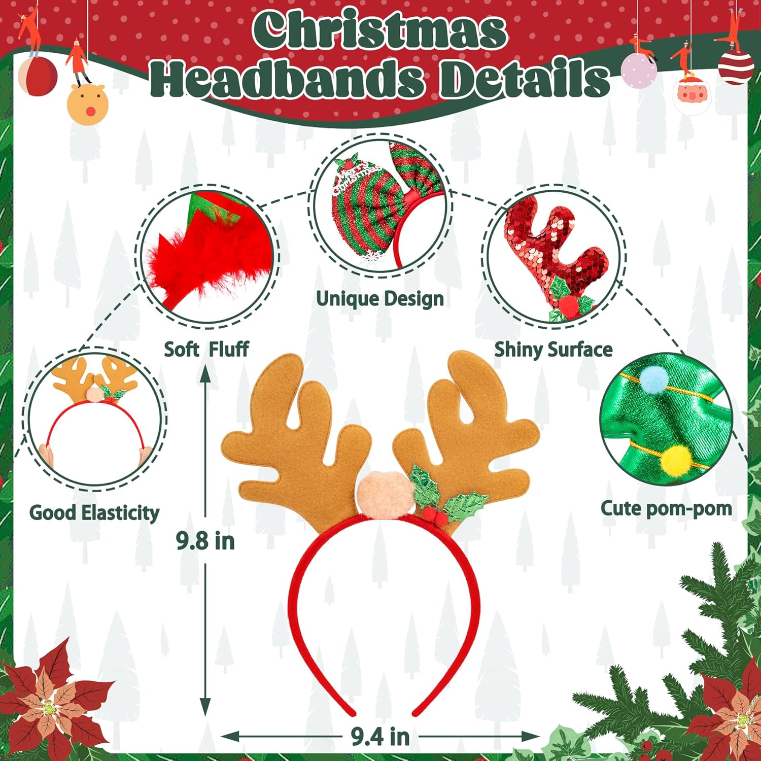 Diademas de Navidad y diadema de disfraces, accesorios de Navidad de Papá Noel, decoraciones de fiesta para mujeres