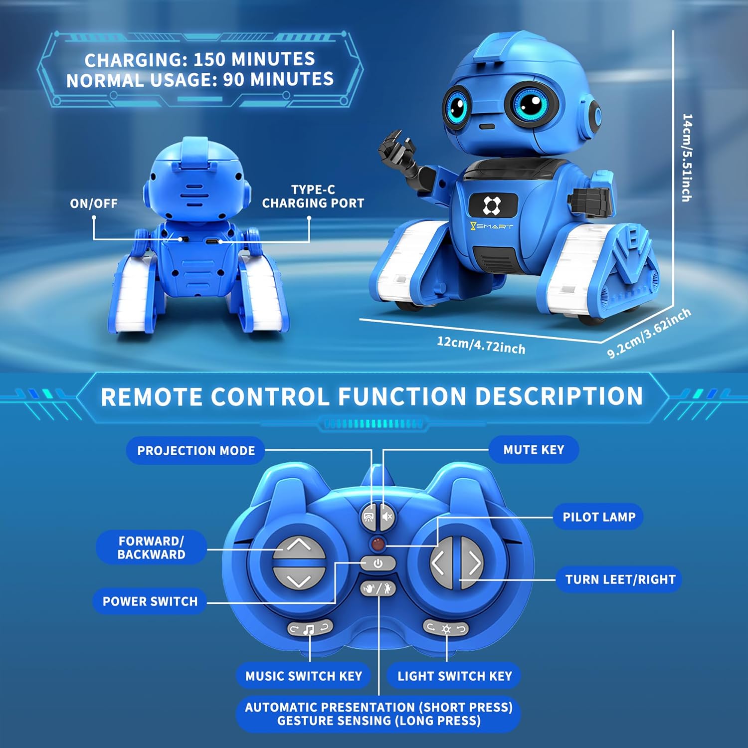 Robot Toys for Boys and Girls, Rechargeable Remote Control Robot with Auto-Demonstration, Light Projection, Dance Moves, Music, and Gesture Sensing –Toy Robot Gifts for 6+ Year Old Boys (Blue)