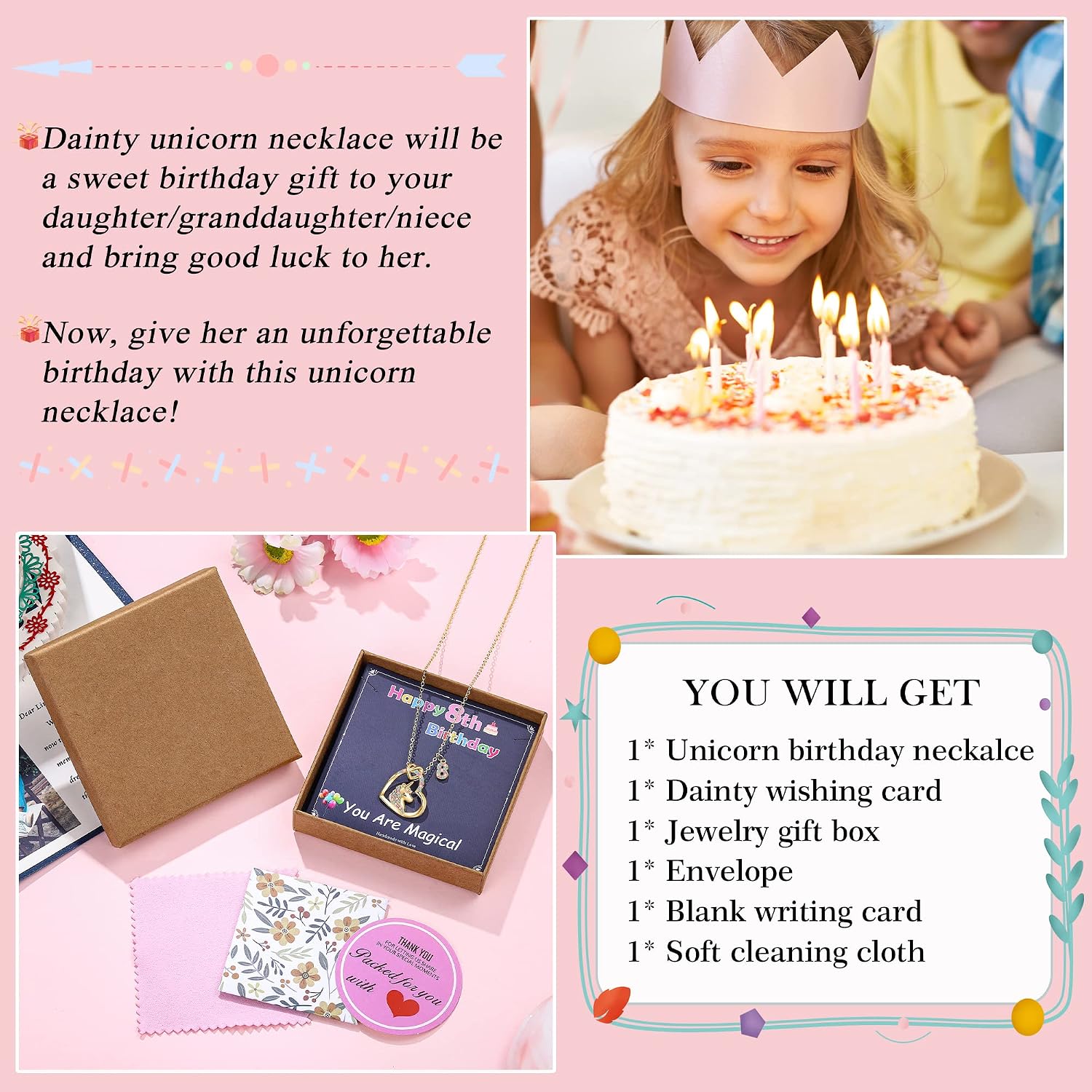 Hidepoo Birthday Gifts for Kids Girls - Unicorn Necklace Unicorns Gifts for Girls Birthday Gift for 3-10 Year Old Girl Colorful CZ Heart Pendant Unicorn Necklace Jewelry Gift