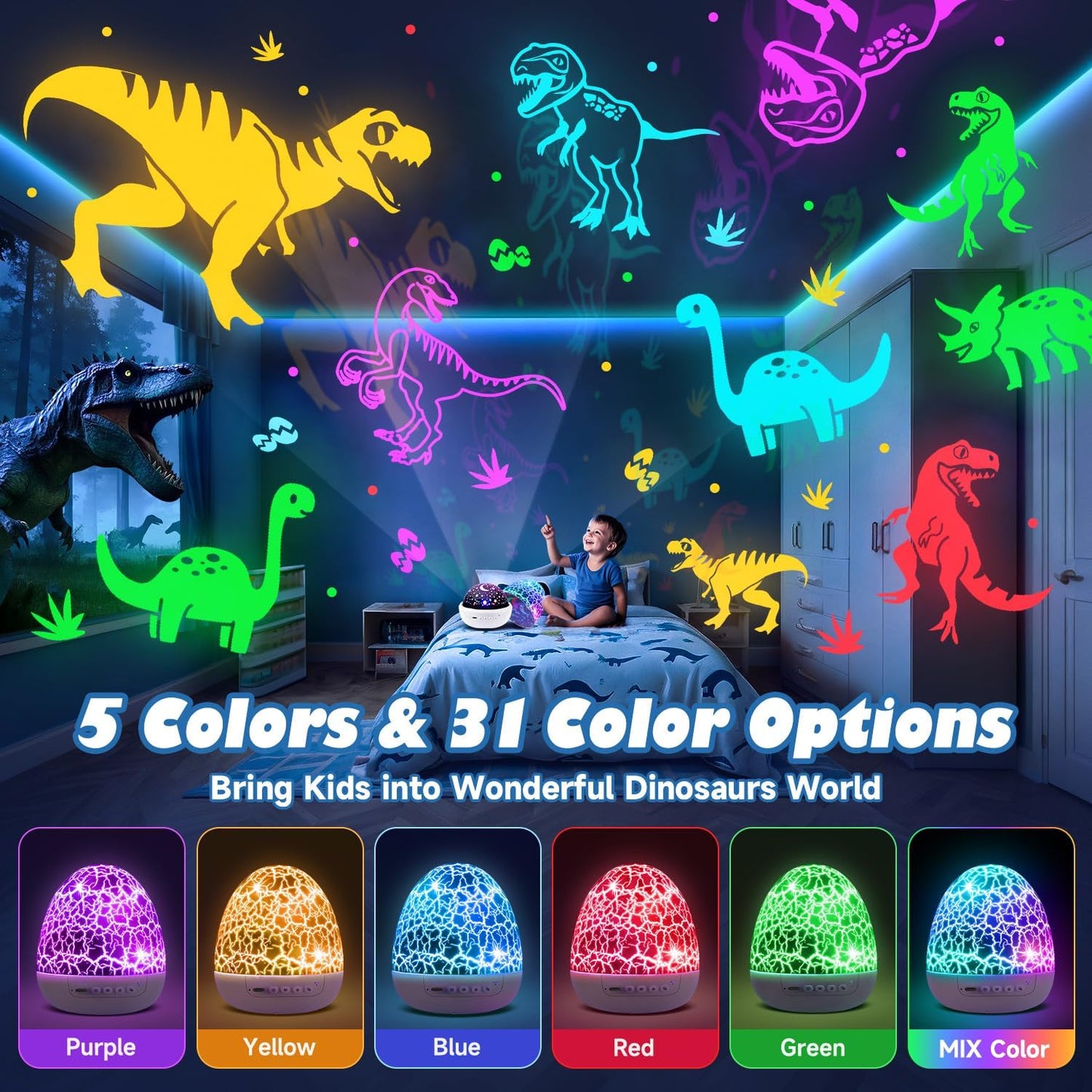 PIKOY Dinosaur Toys for Kids 3-5 Easter Gifts for Kids Toys Night Light Projector Dinosaur Eggs Easter Eggs | 15 Sounds & 3D Films | 31Colors & Remote Control | Boy Toys, Boys Room Decor