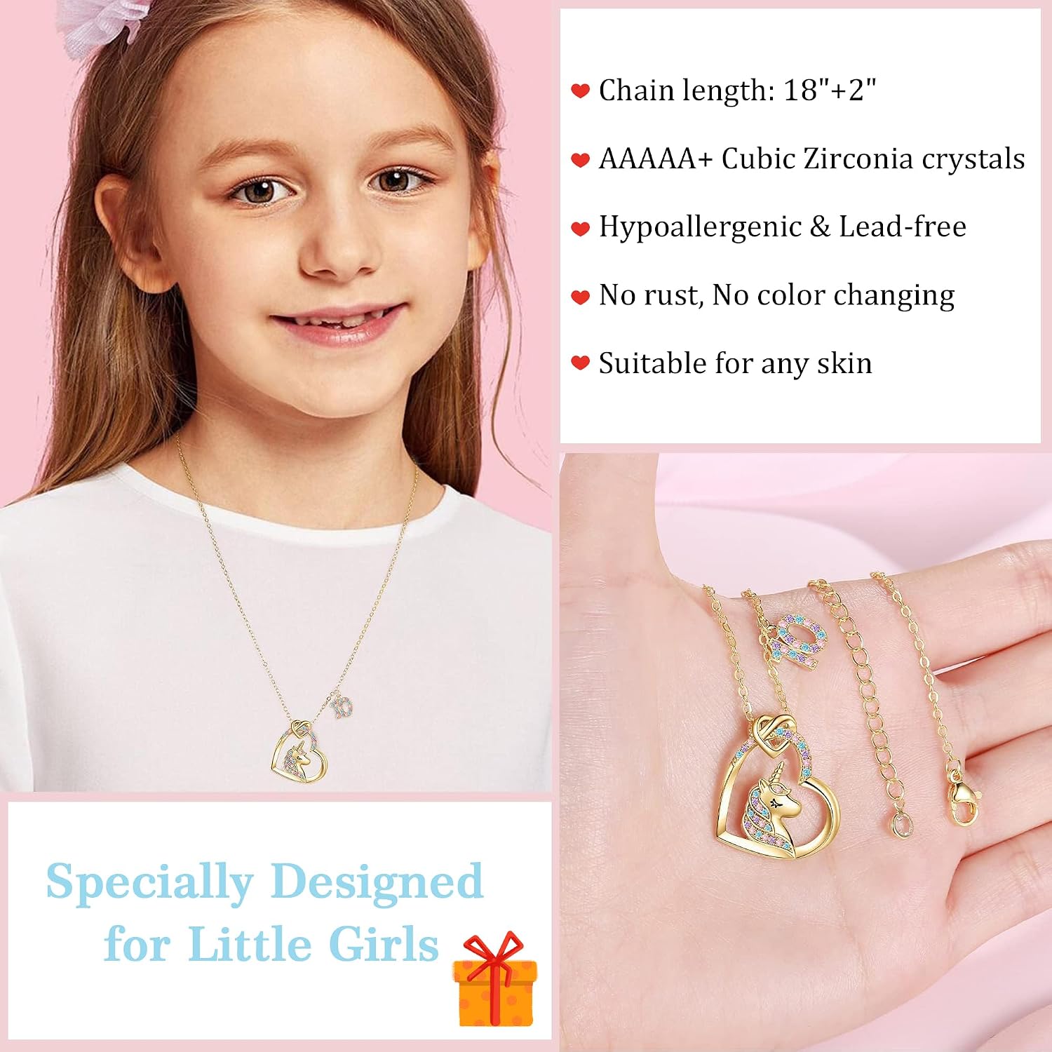 Hidepoo Birthday Gifts for Kids Girls - Unicorn Necklace Unicorns Gifts for Girls Birthday Gift for 3-10 Year Old Girl Colorful CZ Heart Pendant Unicorn Necklace Jewelry Gift