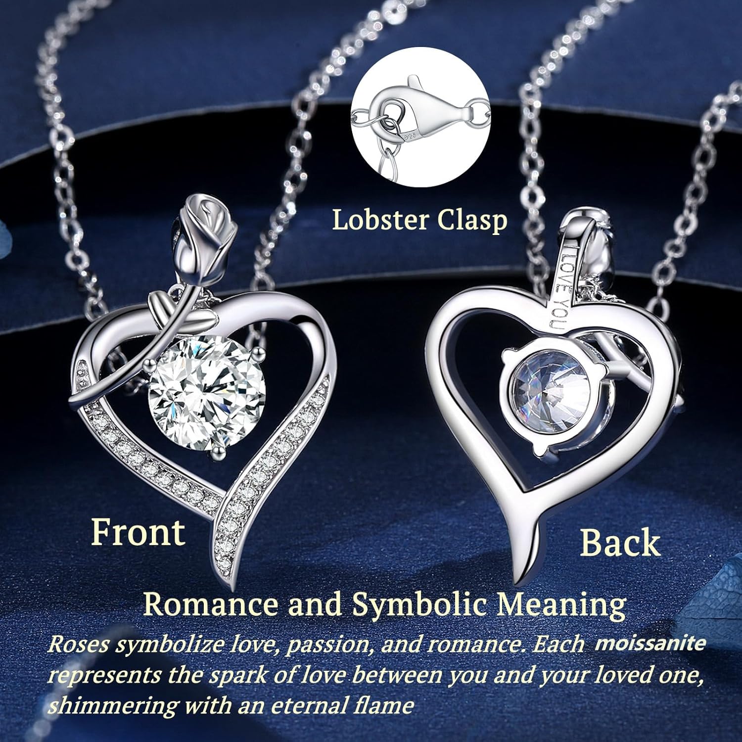 Rose Heart Pendant Necklace for Wife Moissanite Lab-Created Gem Jewelry for Women I Love You Wedding Anniversary Birthday Christmas Valentines Engagements Mothers Day for Her Girlfriend Mom Daughter