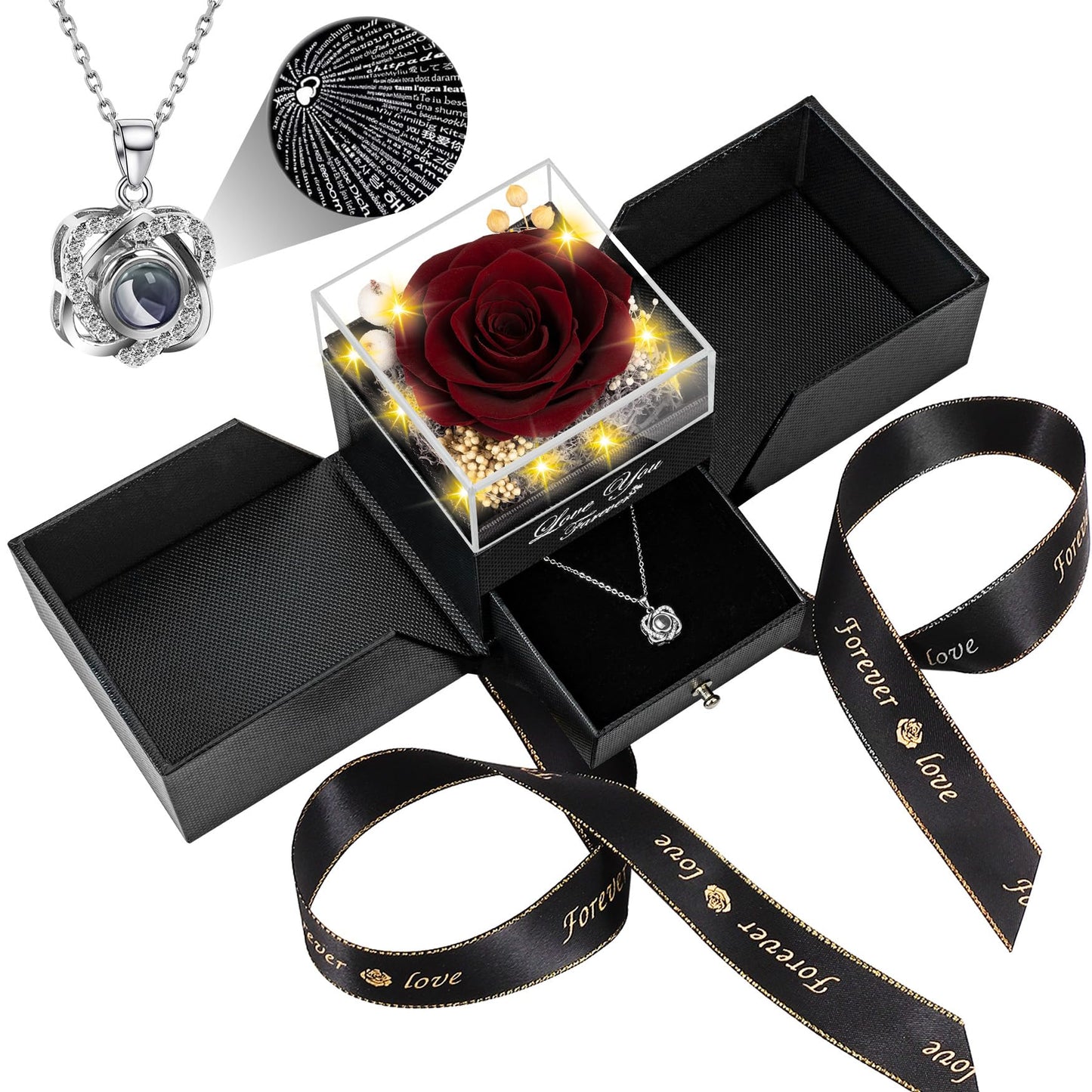 Preserved Red Real Rose with Heart I Love You Necklace -Eternal Flowers Rose Birthday Gifts for Women Her Mom Wife Girlfriend Grandma on Valentines Mothers Day Christmas Anniversary Romantic-Red