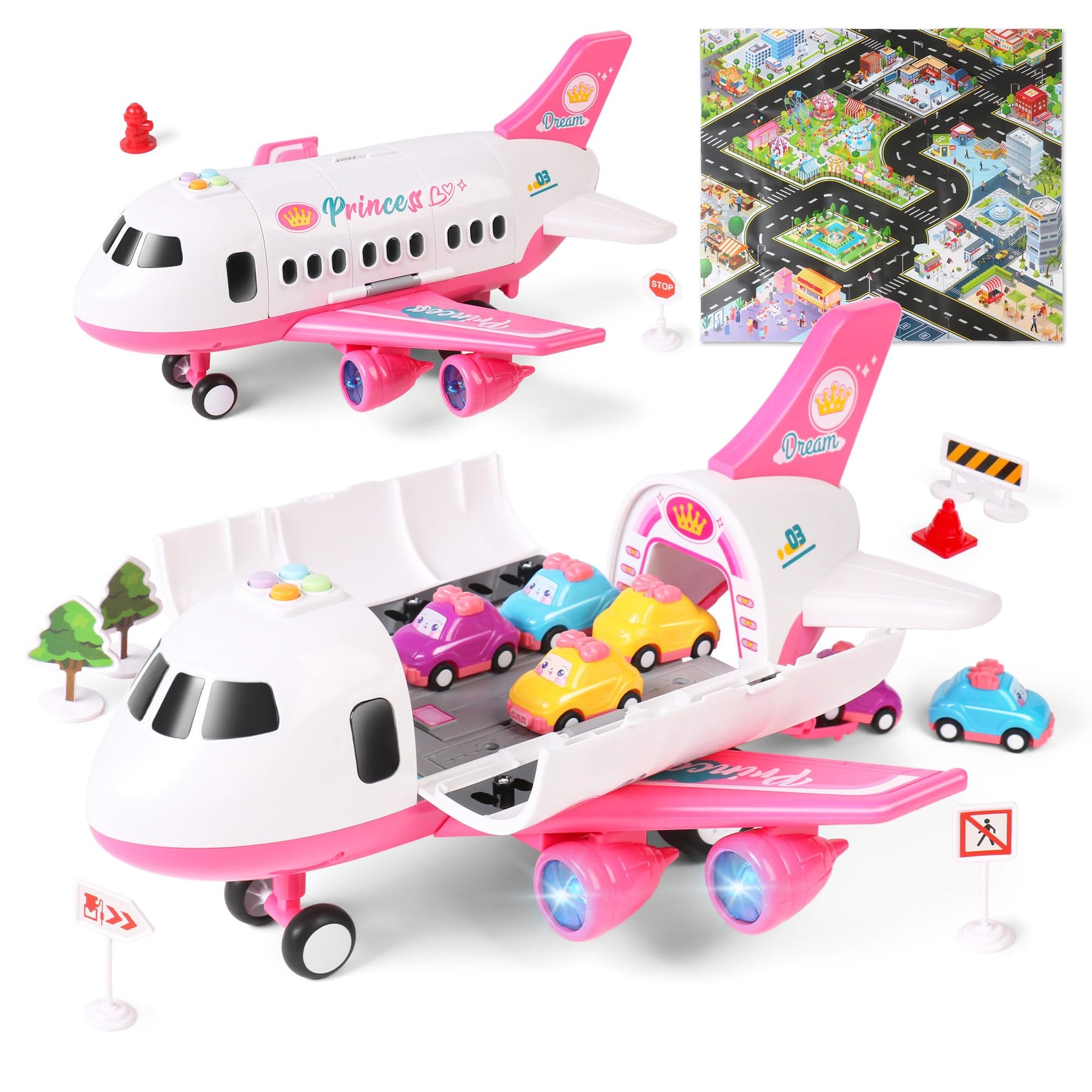 Dwi Dowellin Airplane Toy with Fire Truck Cars and Play Mat,Plane with Lights and Sounds for 3 + Years Old Boys and Girls